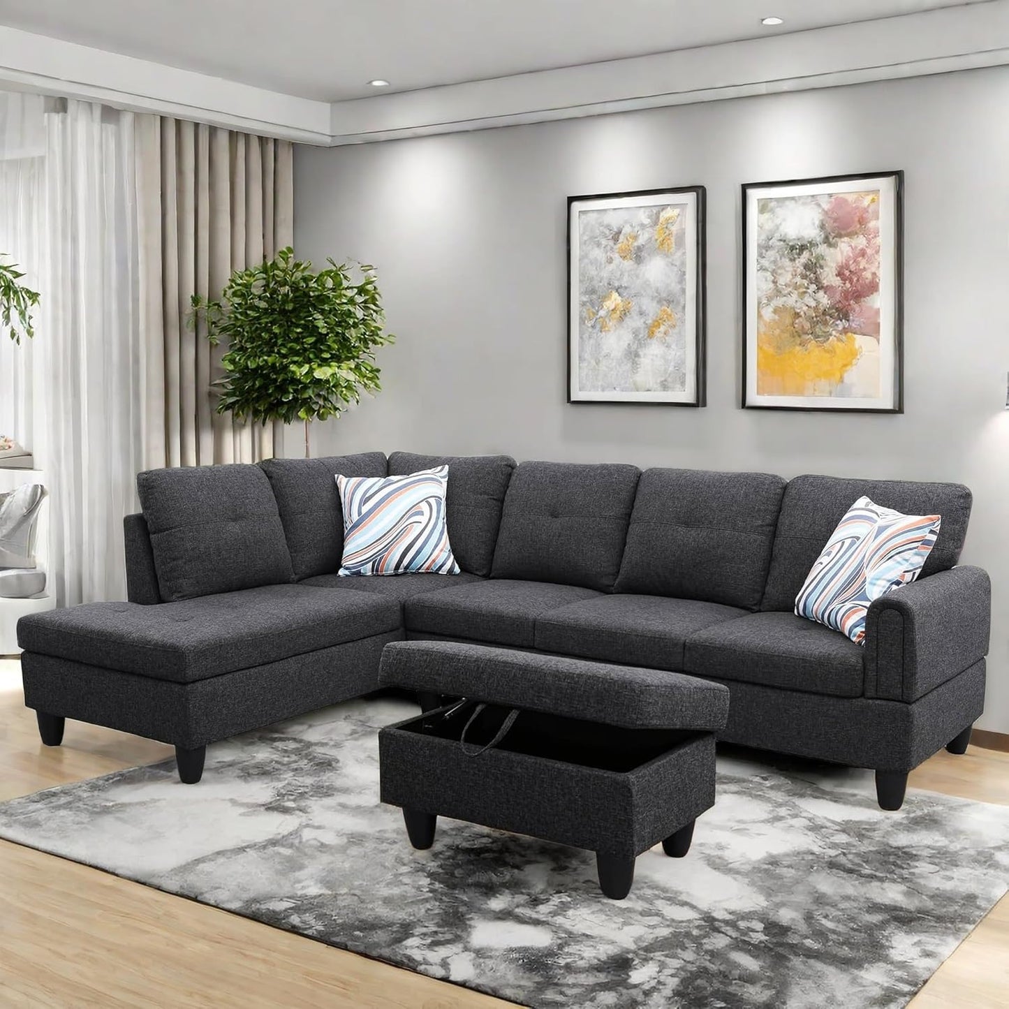 Convertible Sectional Couch, Large L Shaped Couch with Storage, Modern Modular 5-Seat Sectional Sofa with Ottomans for Living Room and Office, Black Grey