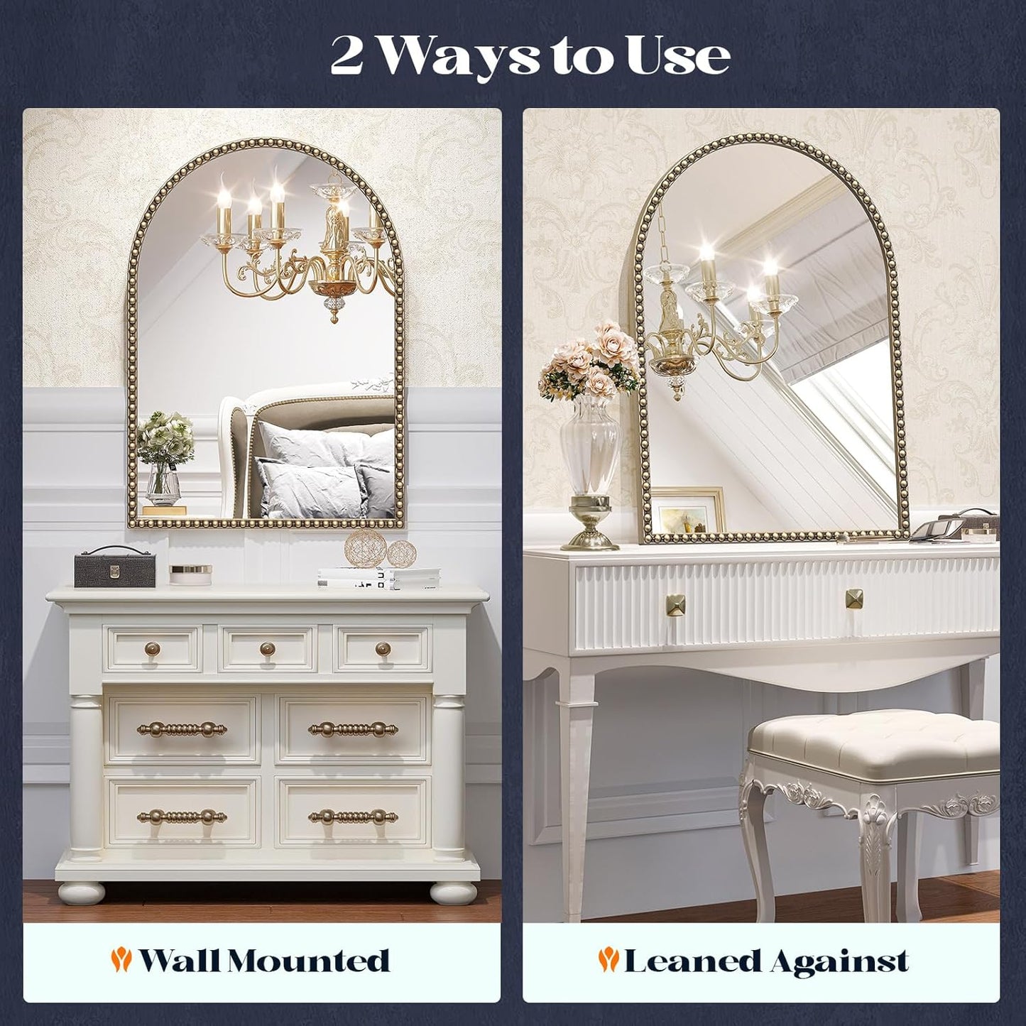 Beaded Arched Mirror for Wall, 30"x40" Gold Arch Brass Bathroom Mirrors, Champagne Bronze Vintage Metal Frame Decorative Mirror for Mantle,Bedroom Dressing Room Entryway Fireplace