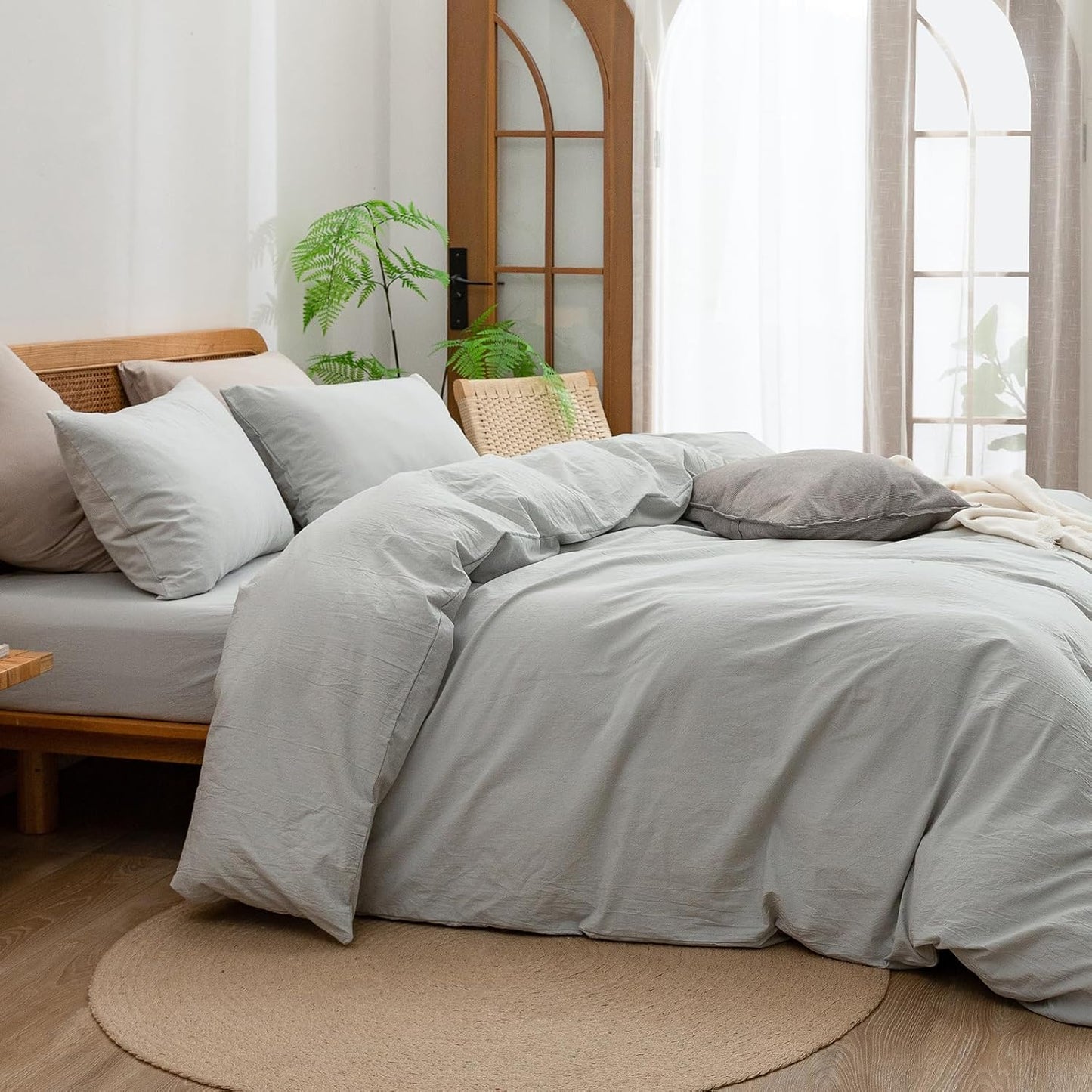 BESTOUCH Duvet Cover Set 100% Washed Cotton Linen Feel Super Soft Comfortable Chic Lightweight 3 PCs Home Bedding Set Solid Northern Droplet Grey Full/Double