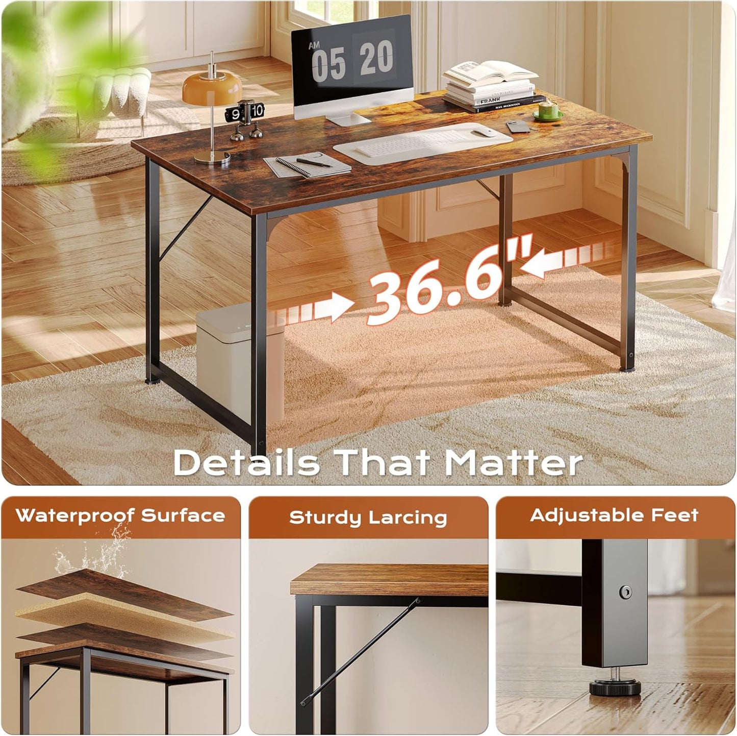 PRAISUN 40 X 24 Inch Computer Desk with Deeper Desktop, Gaming Office Writing Work Desk for Home Office, Study, Bedroom, Work from Home, Metal Frame, Rustic Brown