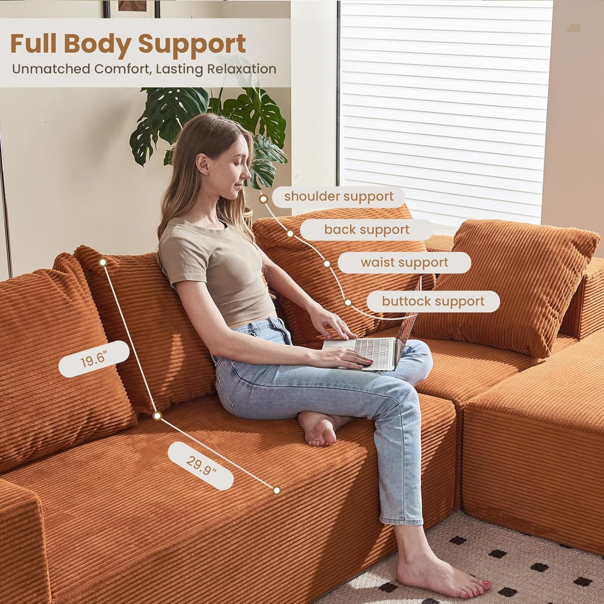 Modular Sectional Sofa, 108" L-Shaped Boneless Couch with Deep Seat, Corduroy Cloud Couch for Living Room, Bedroom, No Assembly Required, Ship in a Box, Orange