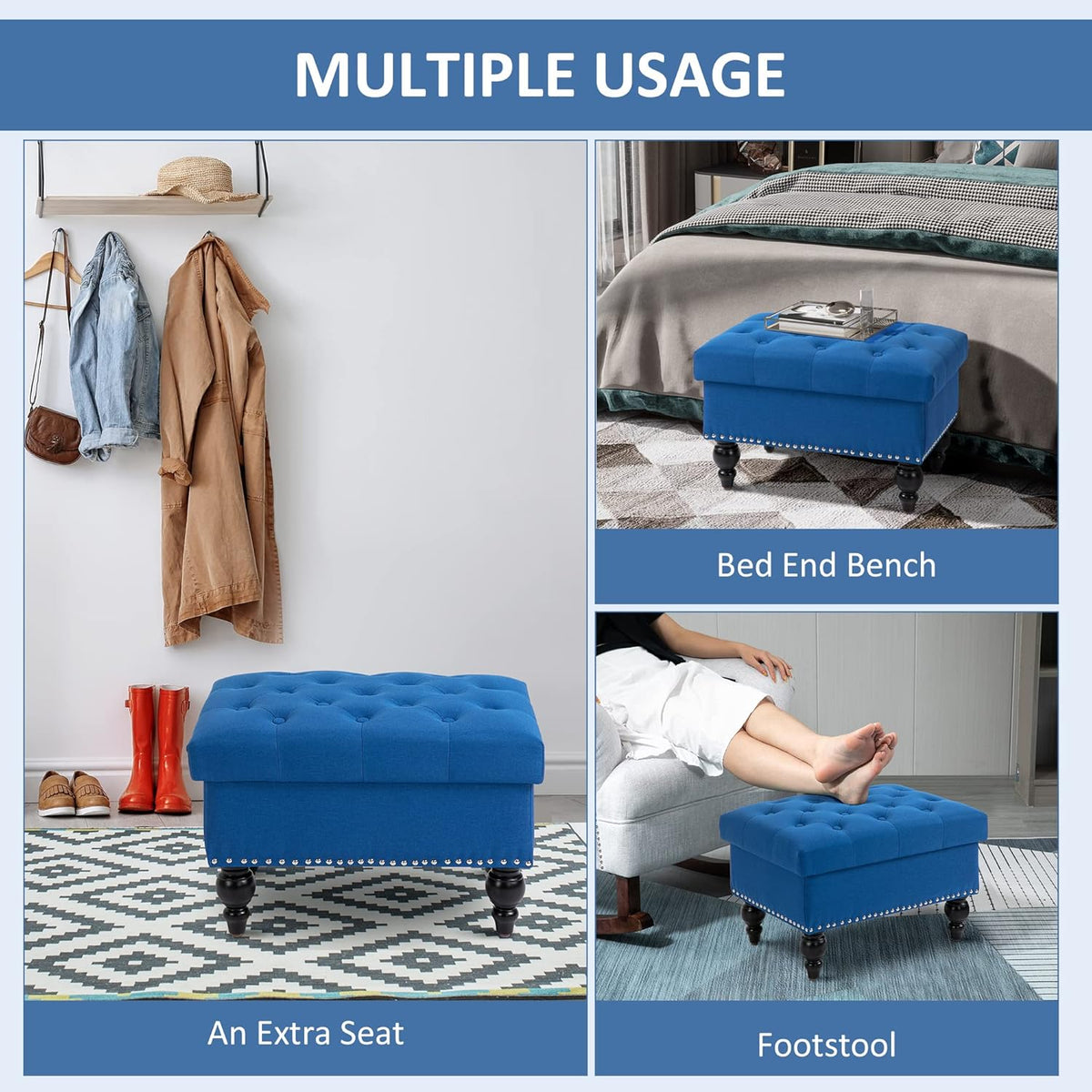 HOMCOM Ottoman with Storage for Living Room, 25" Storage Ottoman with Removable Lid, Button-Tufted Fabric Bench for Footrest and Seat with Wood Legs, Blue