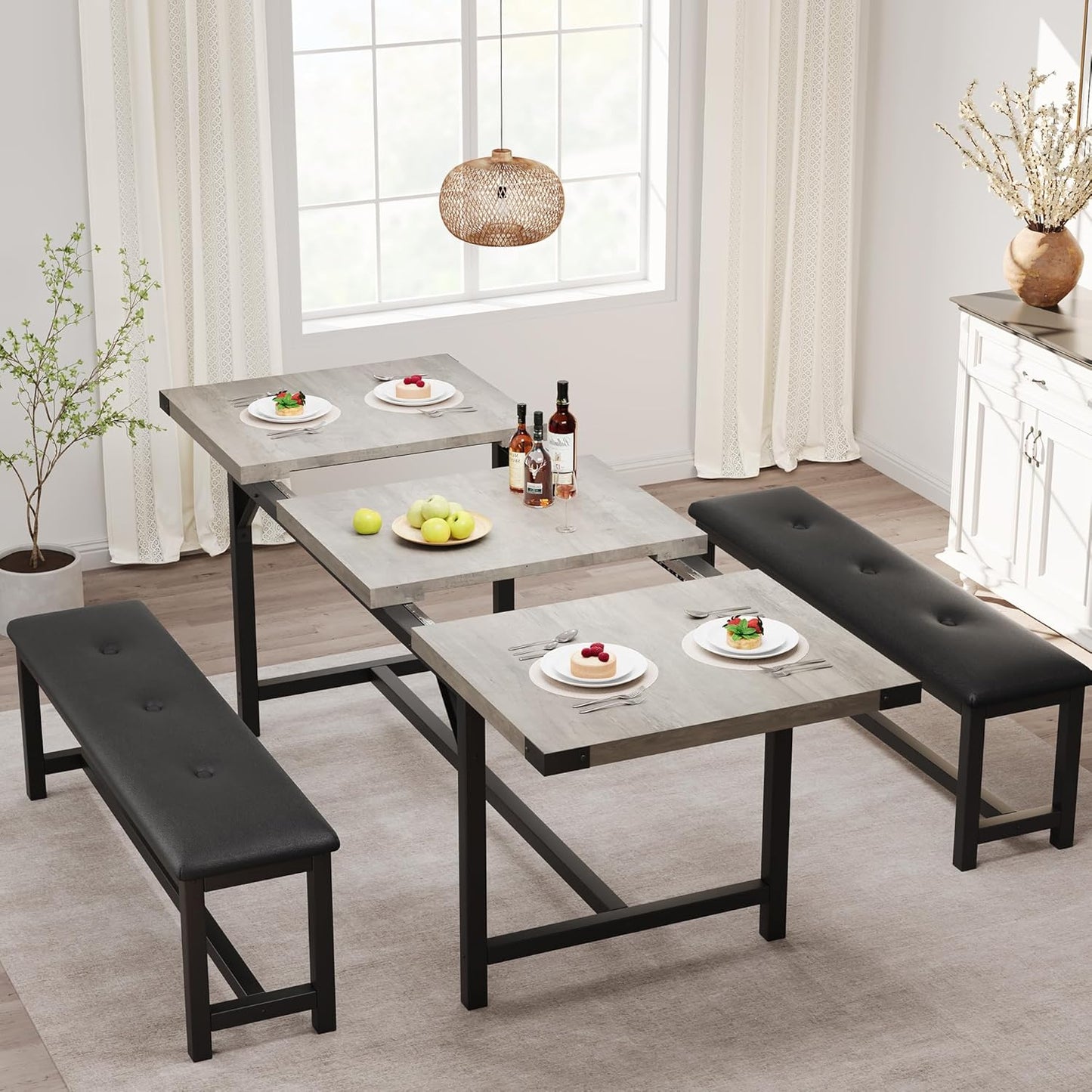 GarveeHome Dining Table Set for 4-6, 63" Extendable Wood Dining Room Table with Corner Protector & 2 Upholstered Benches, Kitchen Table Set for Apartment, Small Space, Easy Assembly,Retro Gray