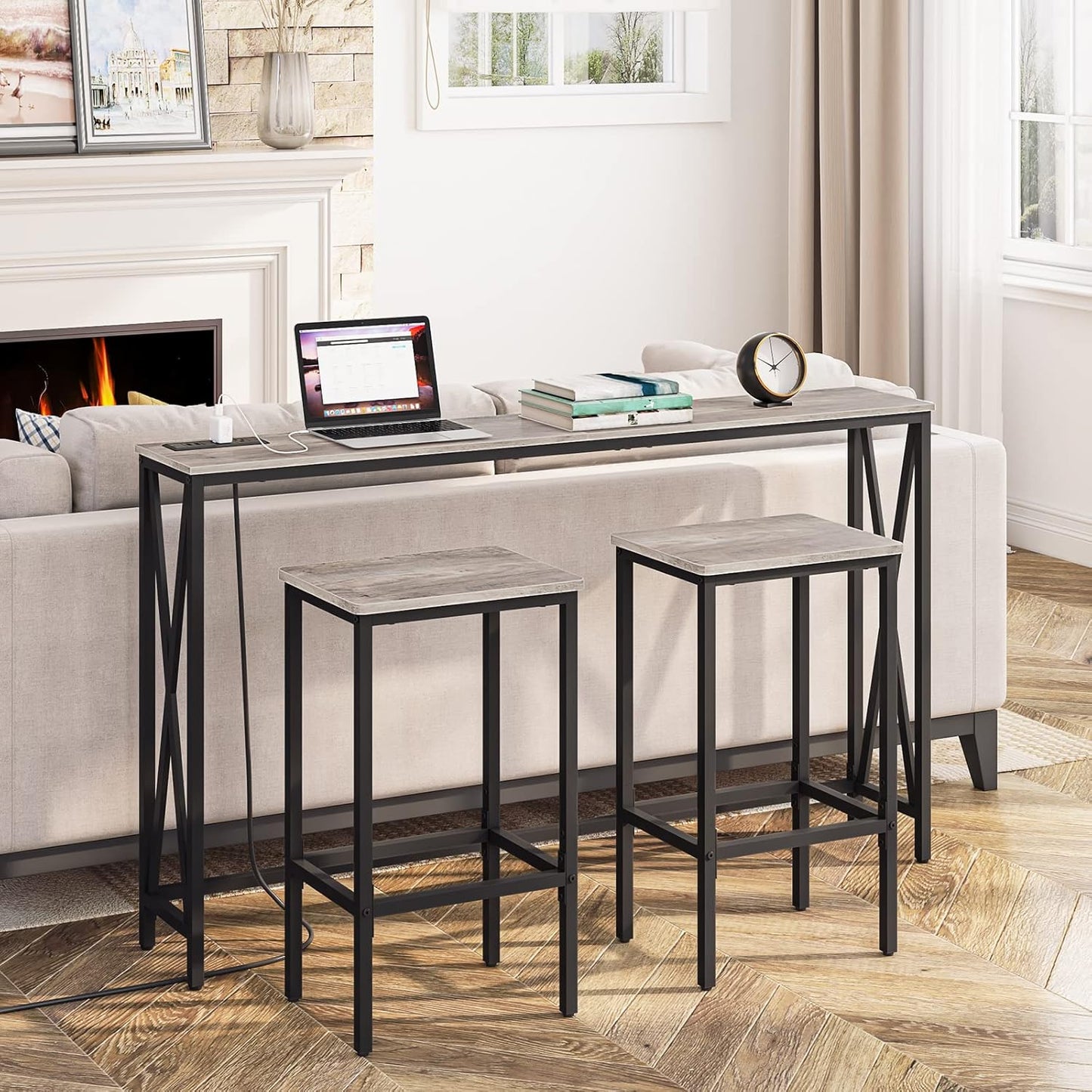 Bar Stools, Set of 2 Bar Chairs, Kitchen Breakfast Bar Stools with Footrest, 25.8" Dining Stools, Rectangular Industrial Bar Chairs, for Dining Room, Kitchen, Greige BAHG0101Z