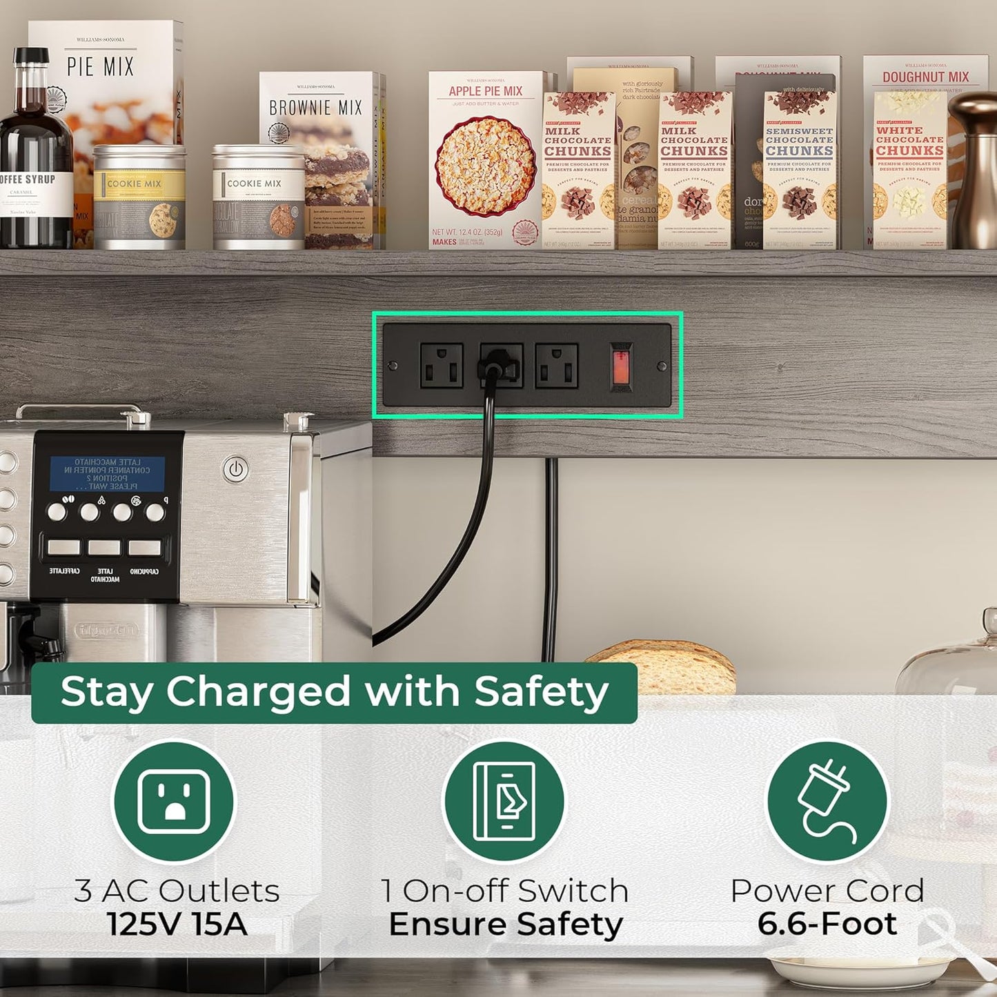 SUPERJARE Bakers Rack with Power Outlet, 35.4 Inches Coffee Bar with Wire Basket, Kitchen Microwave Stand with 6 S-Shaped Hooks, Open Storage Shelves, Charcoal Gray