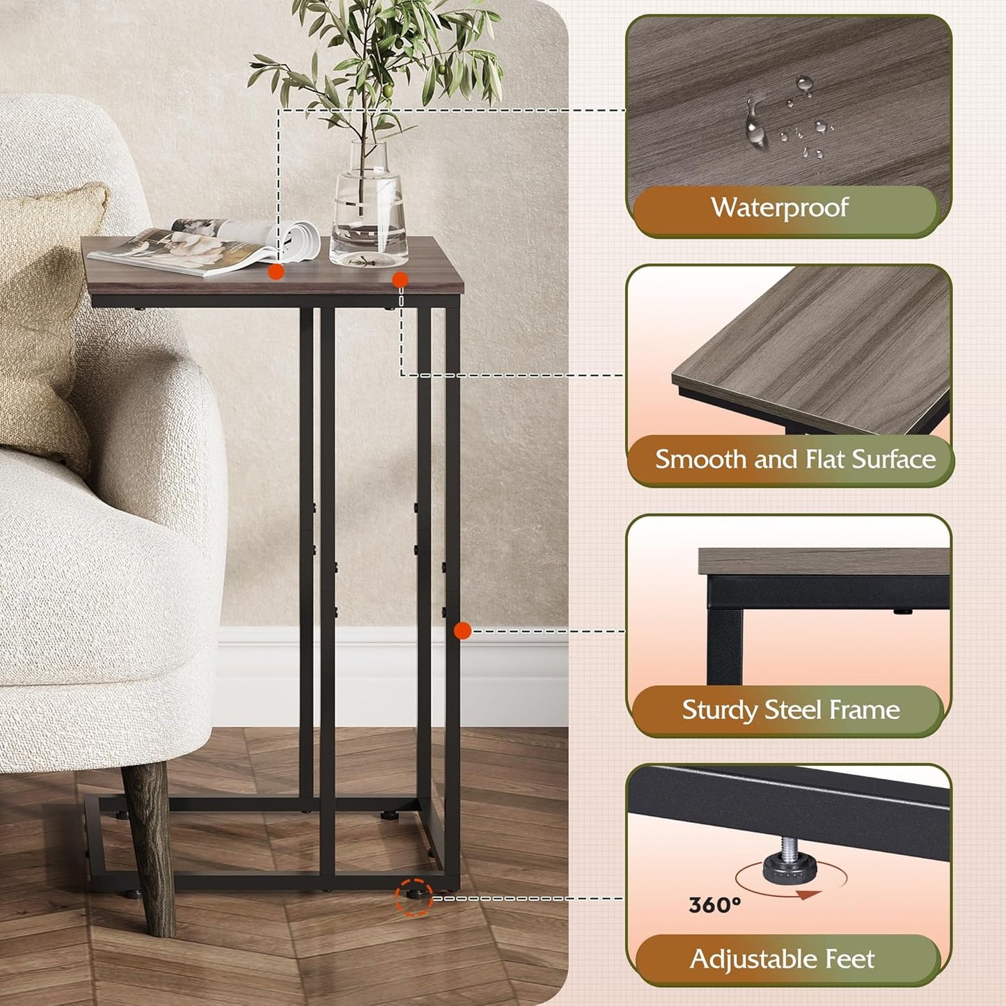 WLIVE Side Table Set of 2, C Shaped End Table Sets, Small Sofa Side Tables Bedroom, Living Room, Home Office, 2-Tier Couch Bedside Table for Small Spaces, A-Grey