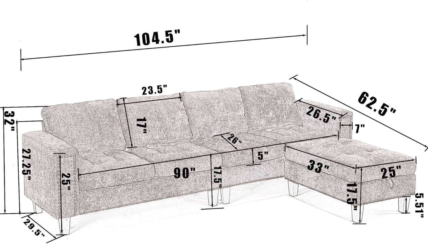 Ball & Cast 104.5" L Shaped Sectional Couch with Storage Ottoman, Chenille Upholstered 5 Seat Modular Sofa with Reversible Chaise for Living Room, Easy Assembly, Gray