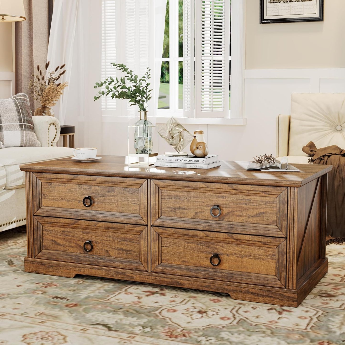 Rustic Coffee Table with Drawers 47 inch Living Room Tables with Storage, Wooden Center Table for Reading Playing Room Home Accent Table for Dining Room Apartment, Walnut