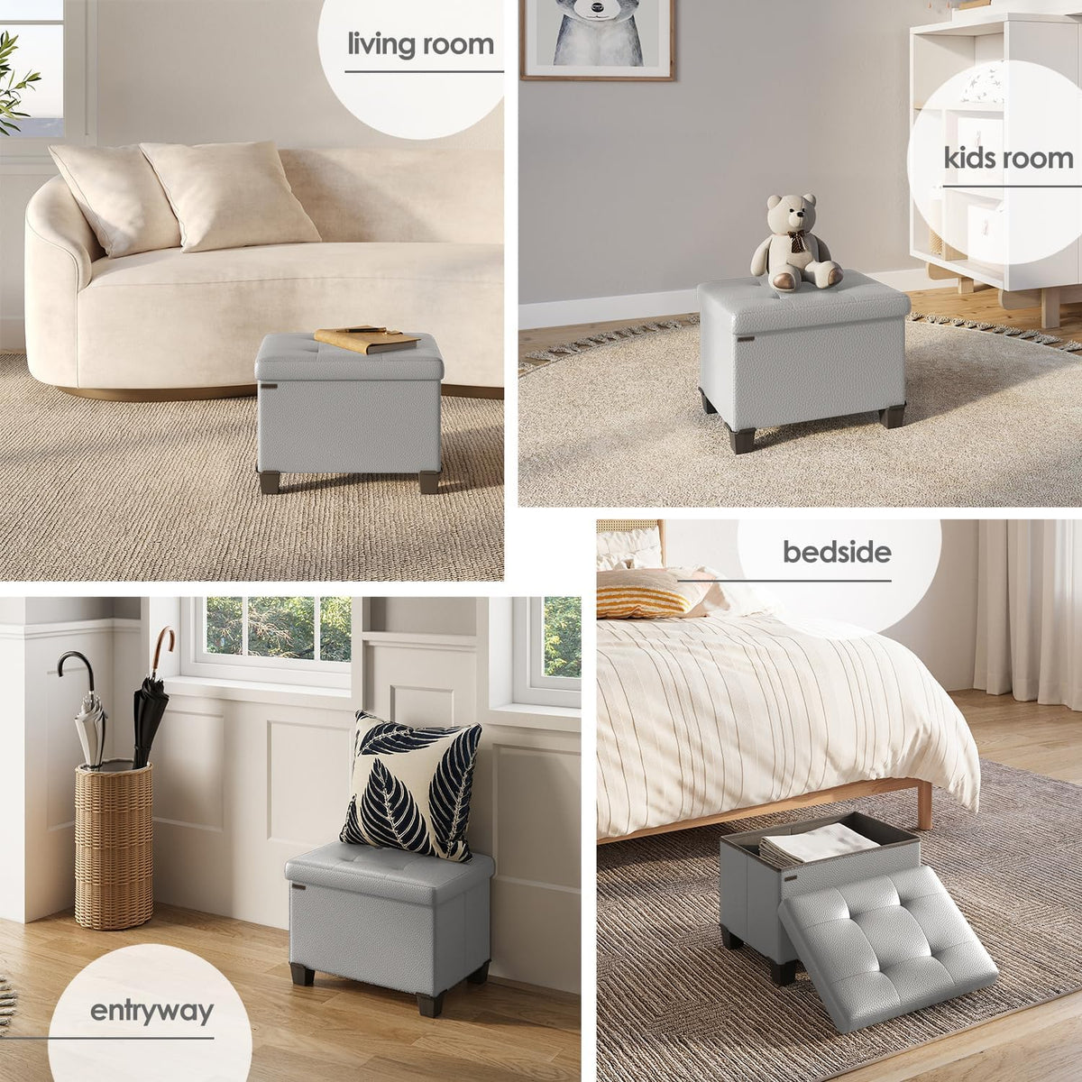 STORAGEBUD Storage Ottoman Cube with Small Bin, 16-in Square Ottoman with Storage for Living Room and Bedroom, Small Ottomans Foot Rest, Faux Leather Foot Stools Ottomans Max 330lbs, Light Grey