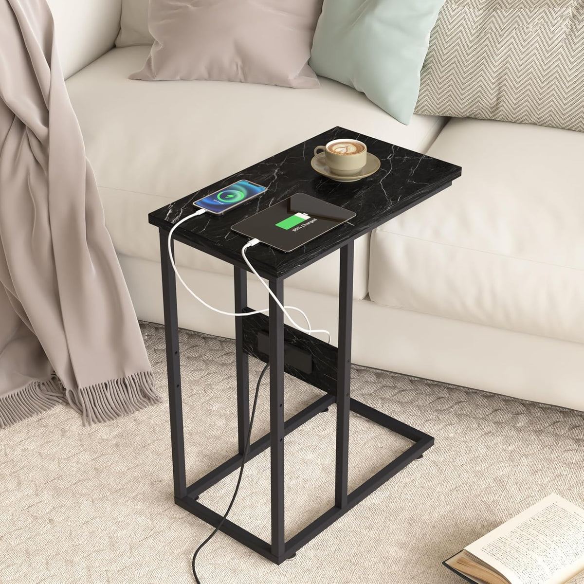 VECELO C Shaped End Side Table with Charging Station & Power Outlets for Couch Sofa/Bed Snack TV Tray with Metal Frame for Living Room Bedroom 1 Set, Black Marble