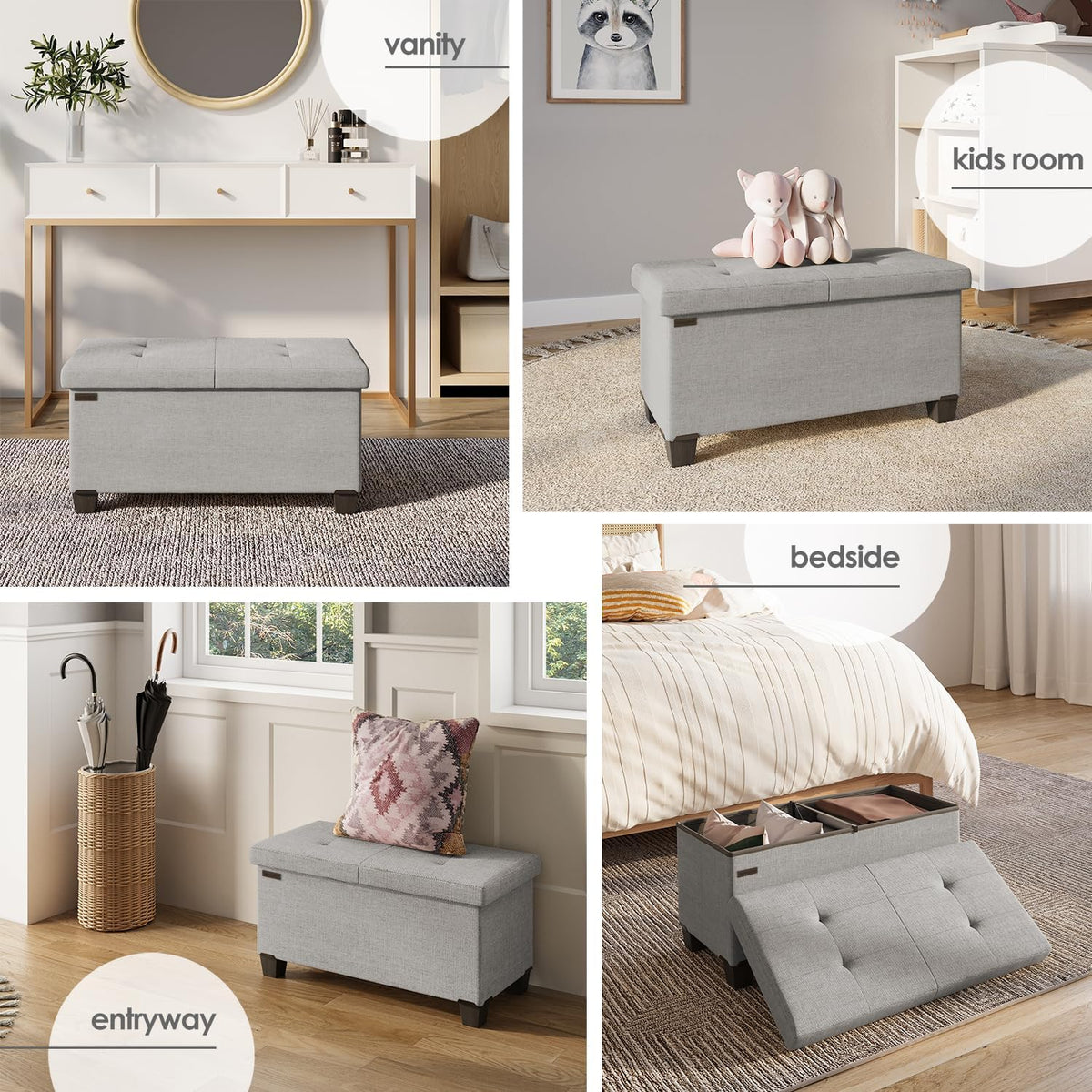 STORAGEBUD Storage Ottoman Bench with Bins, 30-in Storage Bench for Bedroom End of Bed, Folding Foot Rest Ottoman for Living Room Max 660lbs, Fabric Ottomans, Light Grey
