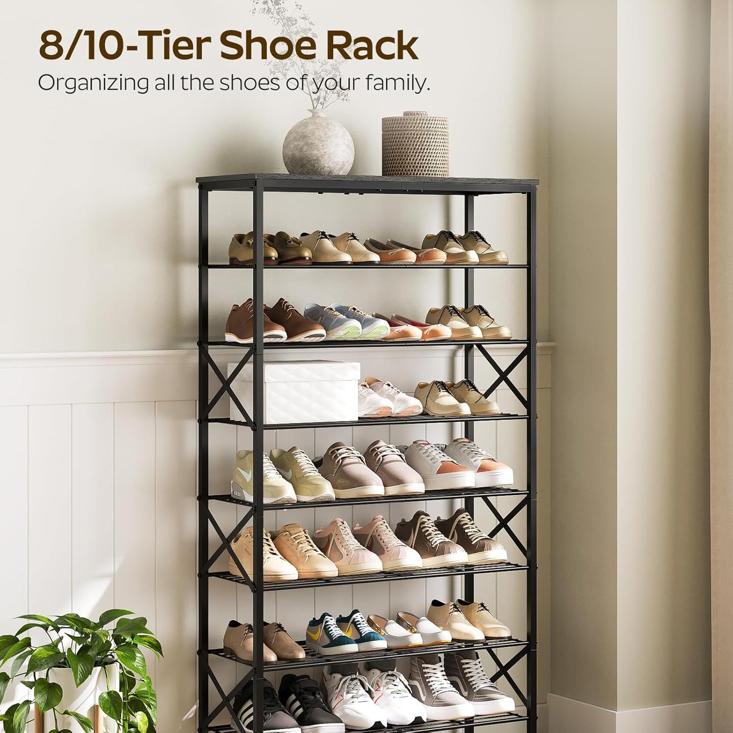 8 Tier Shoe Rack, Large Capacity Shoe Storage Organizer Holds 32 Pairs, Durable and Stable, for Entryway, Hallway, Closet, Dorm Room, Charcoal and Black SS08BC