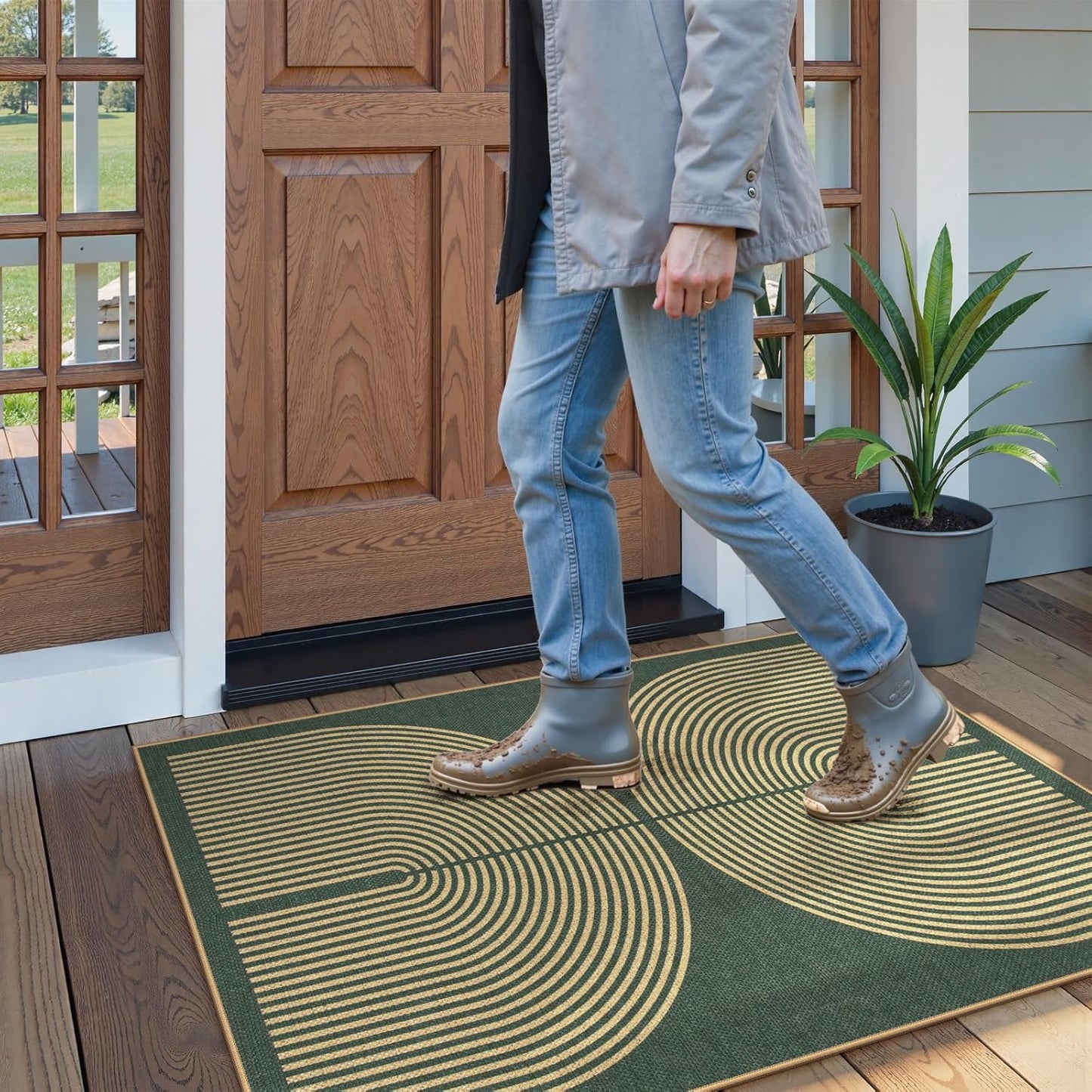 Lahome Modern Rainbow Easy Jute Entry Rug, 3x5 Washable Outdoor Patio Porch Rug, Farmhouse Non Slip Non Shedding Dark Green Carpet for Dorm Living Room Deck Front Door Kitchen