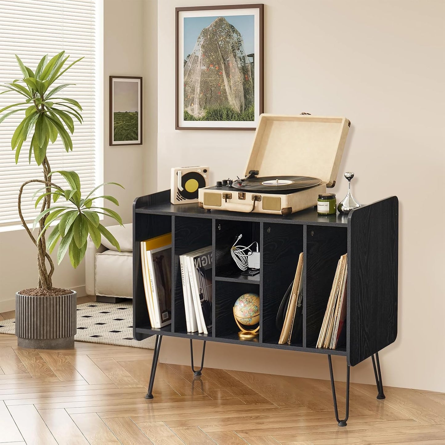 Large Record Player Stand with Vinyl Storage, Black Record Player Table with Power and USB Port, Holds Up to 200 Albums, Turntable Stand with Record Storage, Vinyl Record Player Storage Cabinet