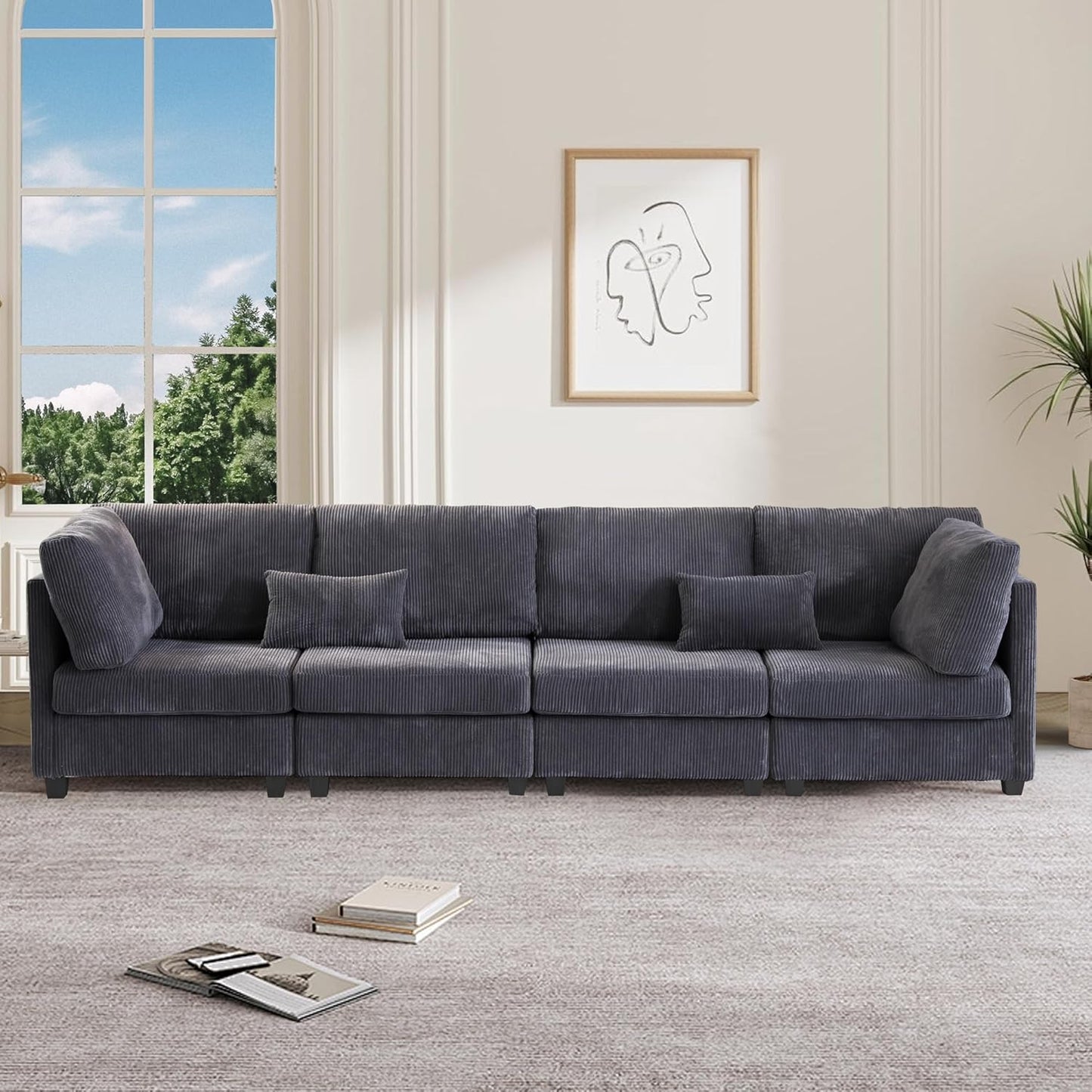 126" Convertible L-Shaped Modular Sectional Sofa, 4 Seater Corduroy Upholstered Corner Sofa Couch with Extra Wide Deep Seat, DIY Combination Lounger Sofa with Solid Wood Legs for Living Room Office