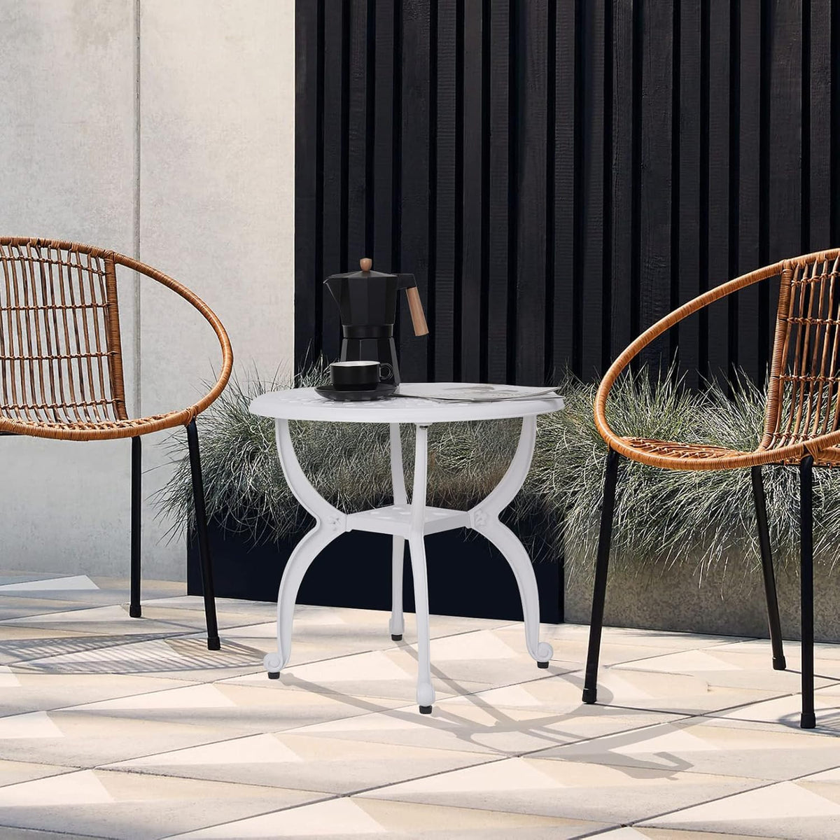 JARDIN DE CENTENNIAL Cast Aluminum Outdoor Side Table,Anti-Rust Outdoor End Table,Patio Coffee Bistro Table for Indoor,Garden,Porch,Balcony(Round White)