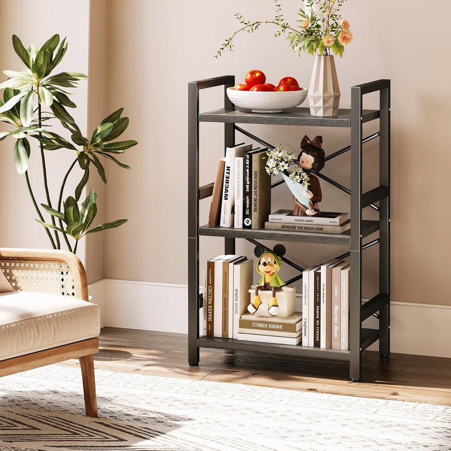 Homeiju Bookshelf, 3 Tier Industrial Bookcase, Metal Small Bookcase, Rustic Etagere Book Shelf Storage Organizer for Living Room, Bedroom, and Home Office(Black) Patent Pending D29873033