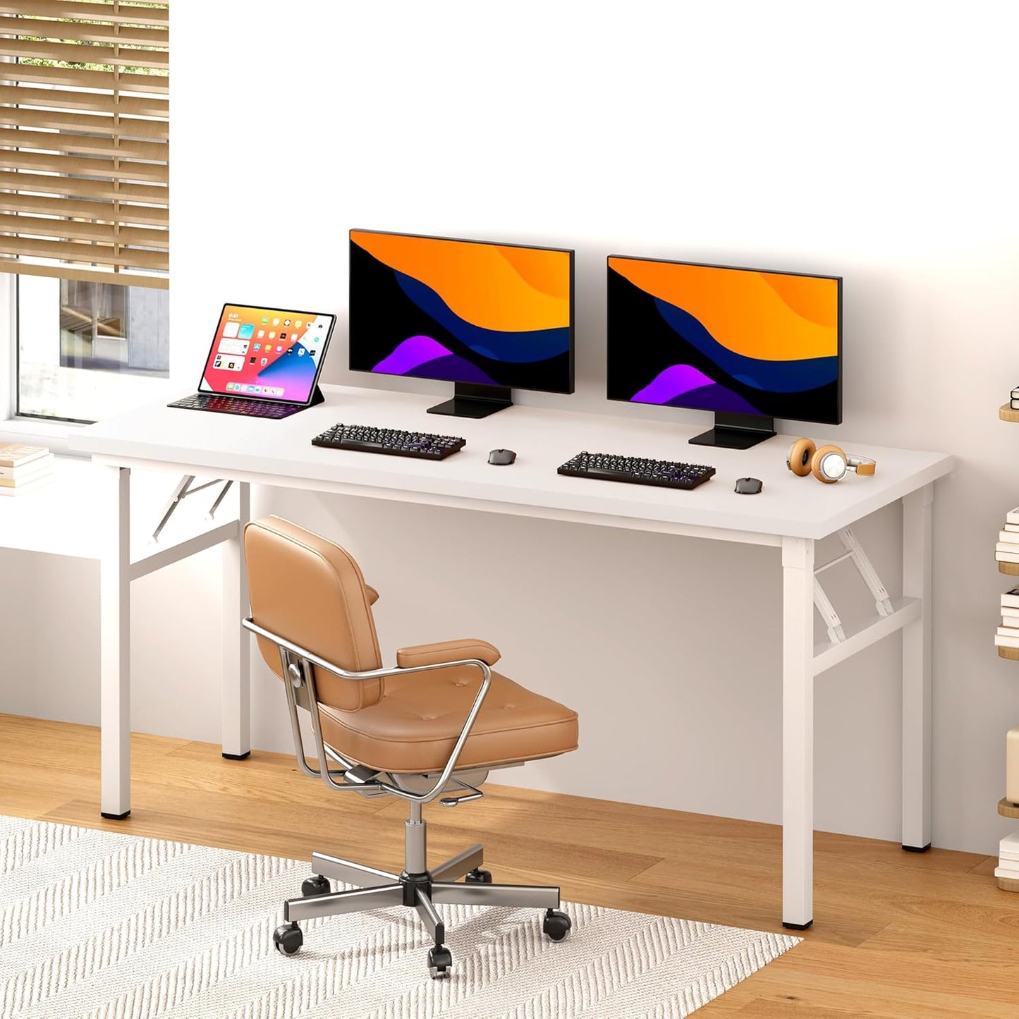 Folding Desk, 62 inch No Assembly Folding Desks for Small Spaces, Sturdy Foldable Computer Desk, Functional Home Office Desks, Study Writing Desk Office Table Workstation for Home Office Outdoor