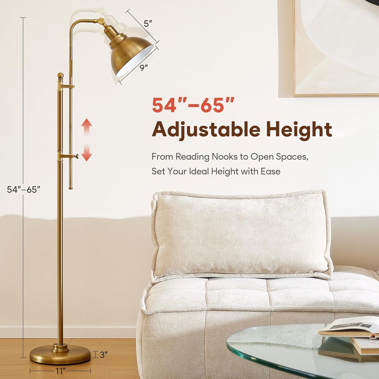 VONLUCE Floor Lamp for Living Room, 65" Industrial Brass Floor Lamp Adjustable Height & Head Vintage Metal Standing Reading Pole Lamp for Bedroom, Office, Farmhouse, ETL Certificate