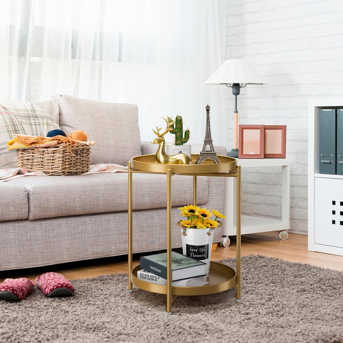 danpinera 2-Tier End Table, Outdoor Side Table, Metal Round Desk with Removable Tray, Small Folding Accent Desk, Anti-Rust Nightstand for Bedroom Balcony Patio Living Room, Set of 2 (Gold)