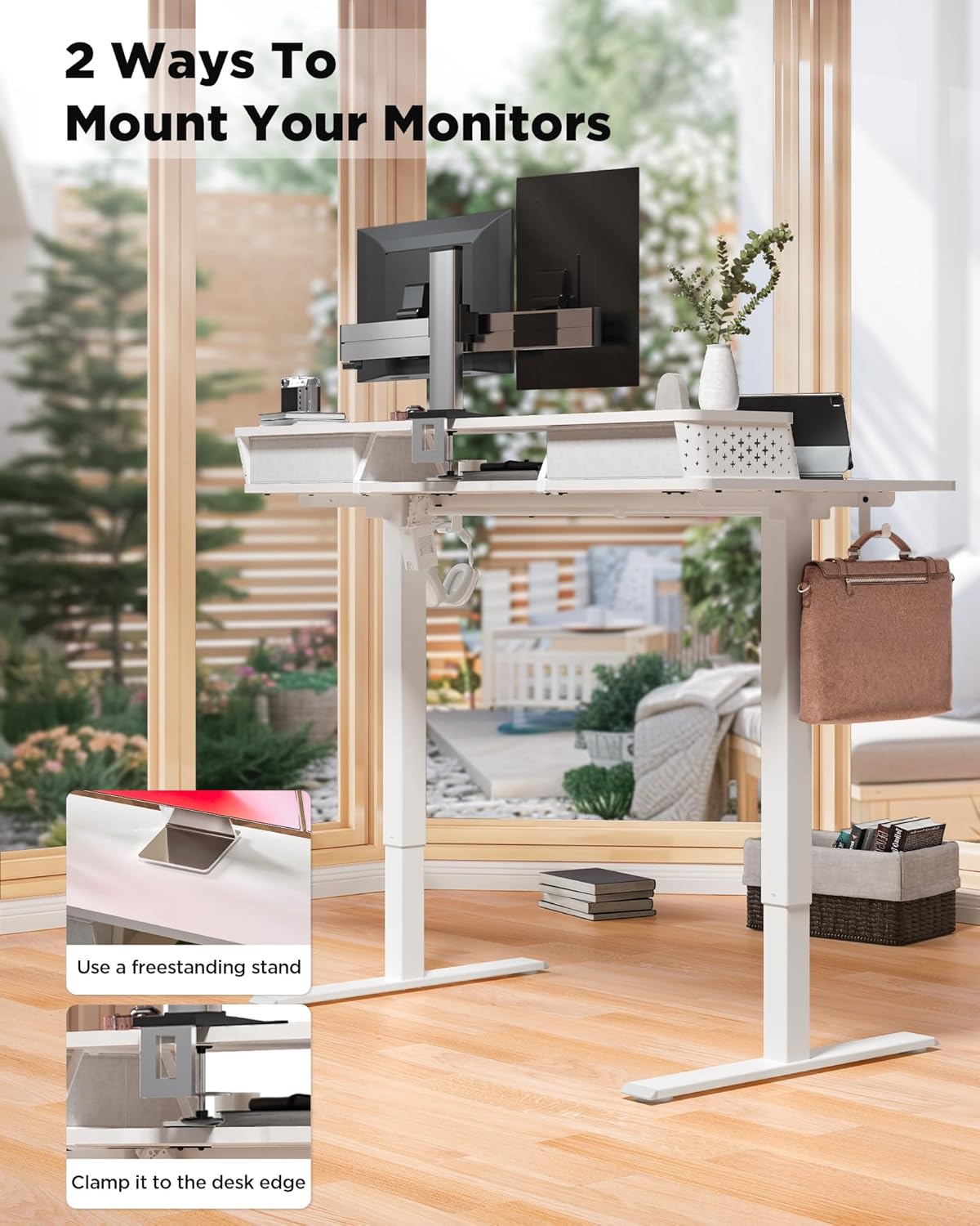 40x24 Inch Standing Desk with Double Drawers, C-Clamp Mount Compatible, Electric Adjustable Height Computer Stand Up Desks, Home Office Sit Stand Table with 3 Preset Heights & 2 Hooks, White