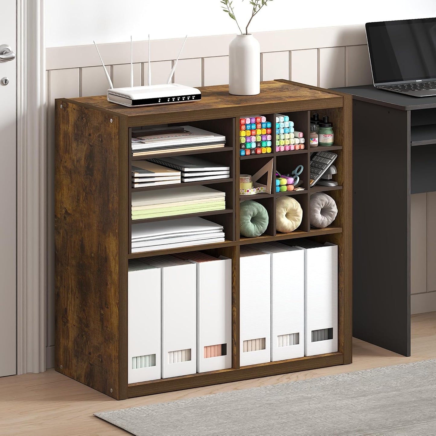 Furinno Cubicle Open Back Decorative Cube Storage Organizer, 4-Cube, Amber Pine