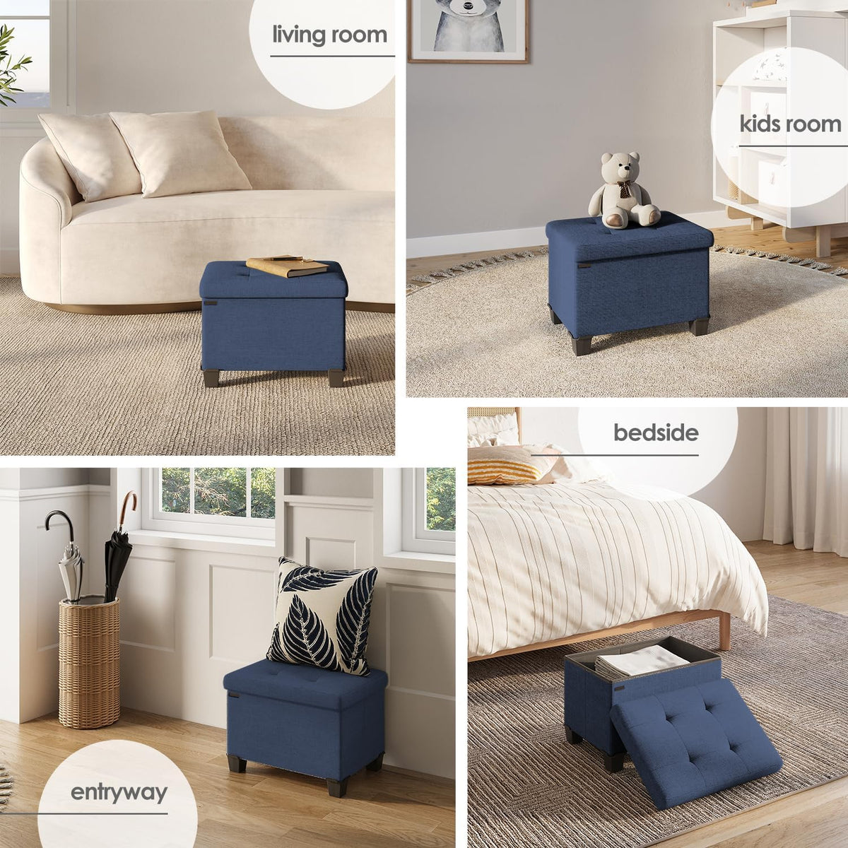 STORAGEBUD Storage Ottoman Cube with Small Bin, 16-in Square Ottoman with Storage for Living Room and Bedroom, Small Ottomans Foot Rest, Fabric Foot Stools Ottomans Max 330lbs, Blue