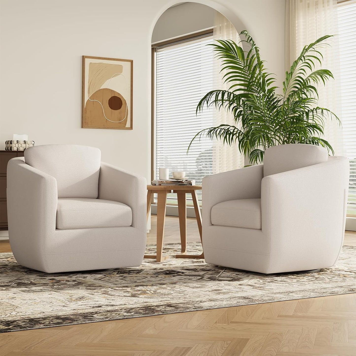 COLAMY 360° Swivel Accent Chair Set of 2 with Pillow - Comfy Living Room Armchair No-Sag Foam & Sturdy Metal Base, Fully Assembled Swivel Accent Single Sofa for Bedroom Living Room, Office, Beige