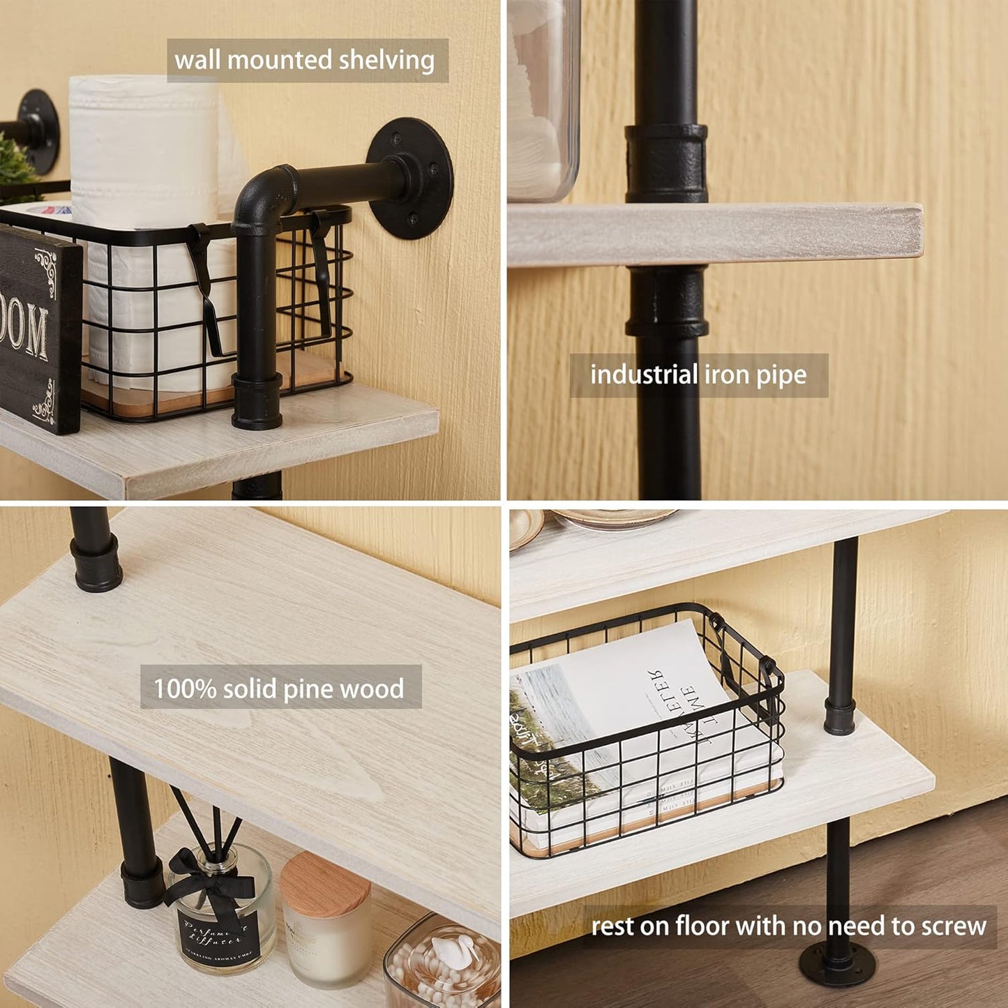 Pipe Shelves, 5 Tier Industrial Ladder Bookcase, Wall Mounted Metal Wood Rustic Bookshelf (White, 5 Tier - 10" D x 24" W x 70" H)