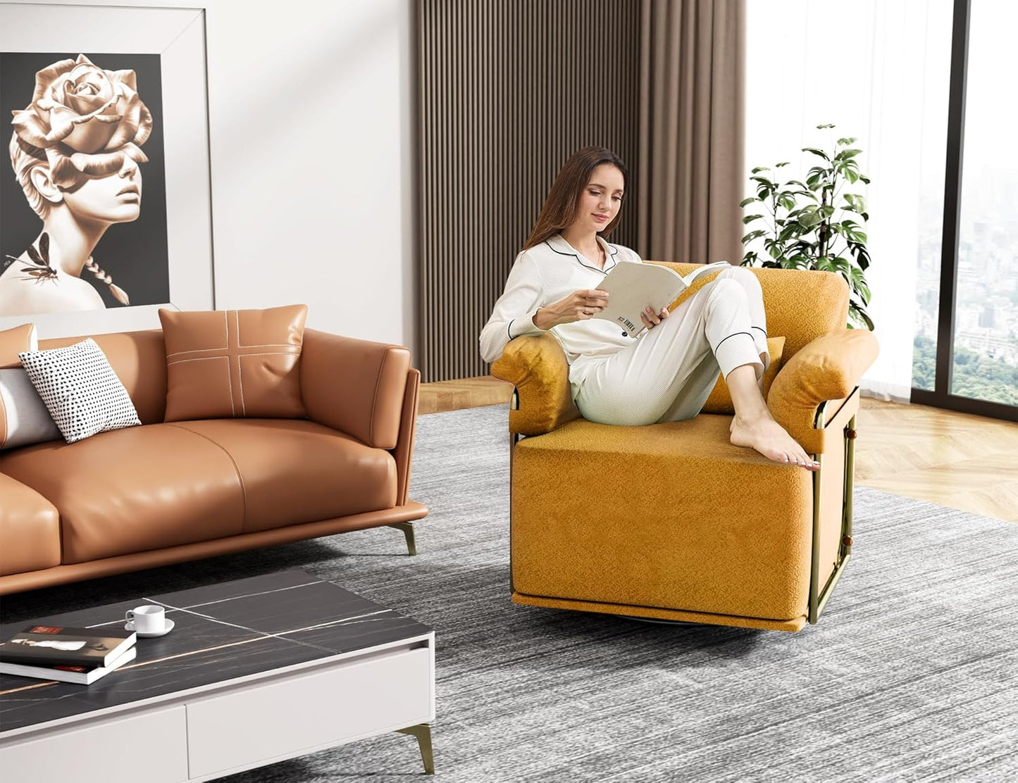 KEIKI Modern Comfy Swivel Accent Reading Chair with Waist Pillows, 360°Square Upholstered Barrel Armchair Single Club Lounge Sofa Chairs for Living Room,Bedroom,Office,Orange