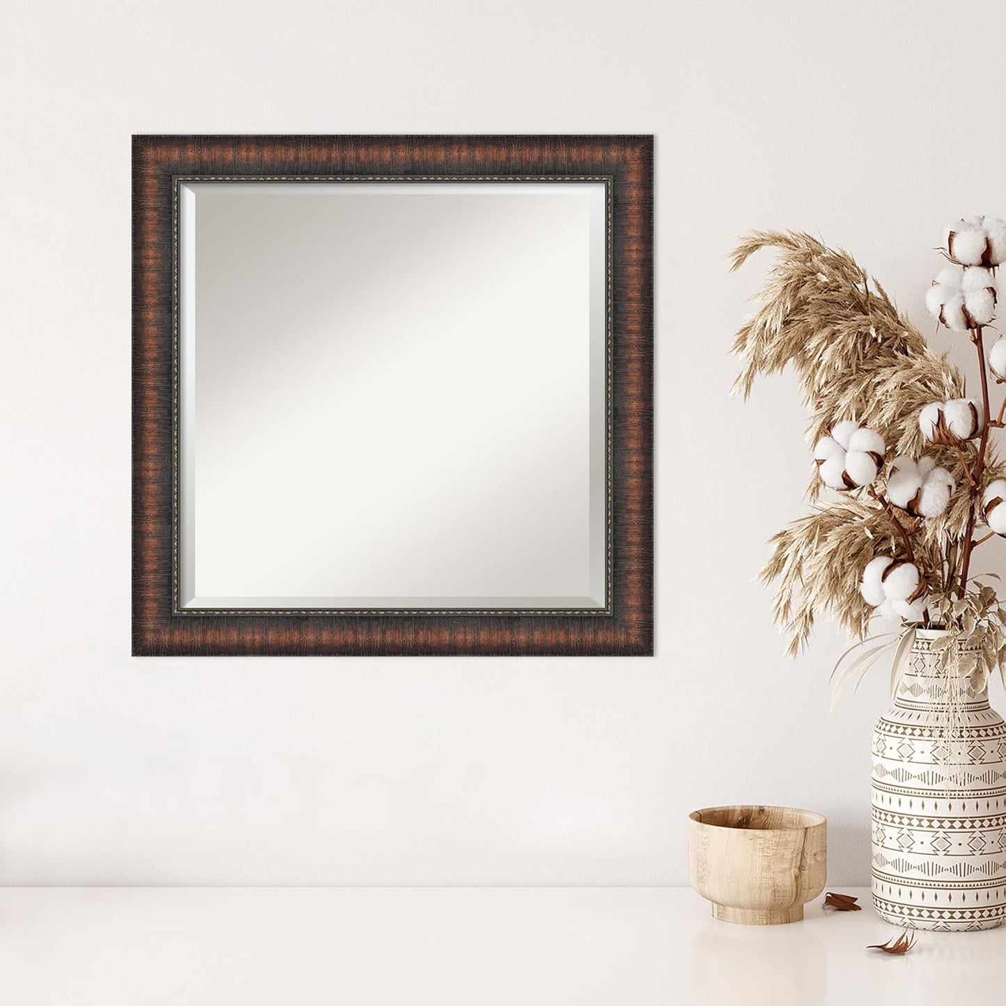 Amanti Art Brown Wall Mirror 24x24 Caleb Brown Square Bathroom Mirror for Wall Decor Living Room, Medium Rustic Farmhouse Frame, Hangs Horizonally and Vertically, Bathroom Decor, Beveled Edge from WI