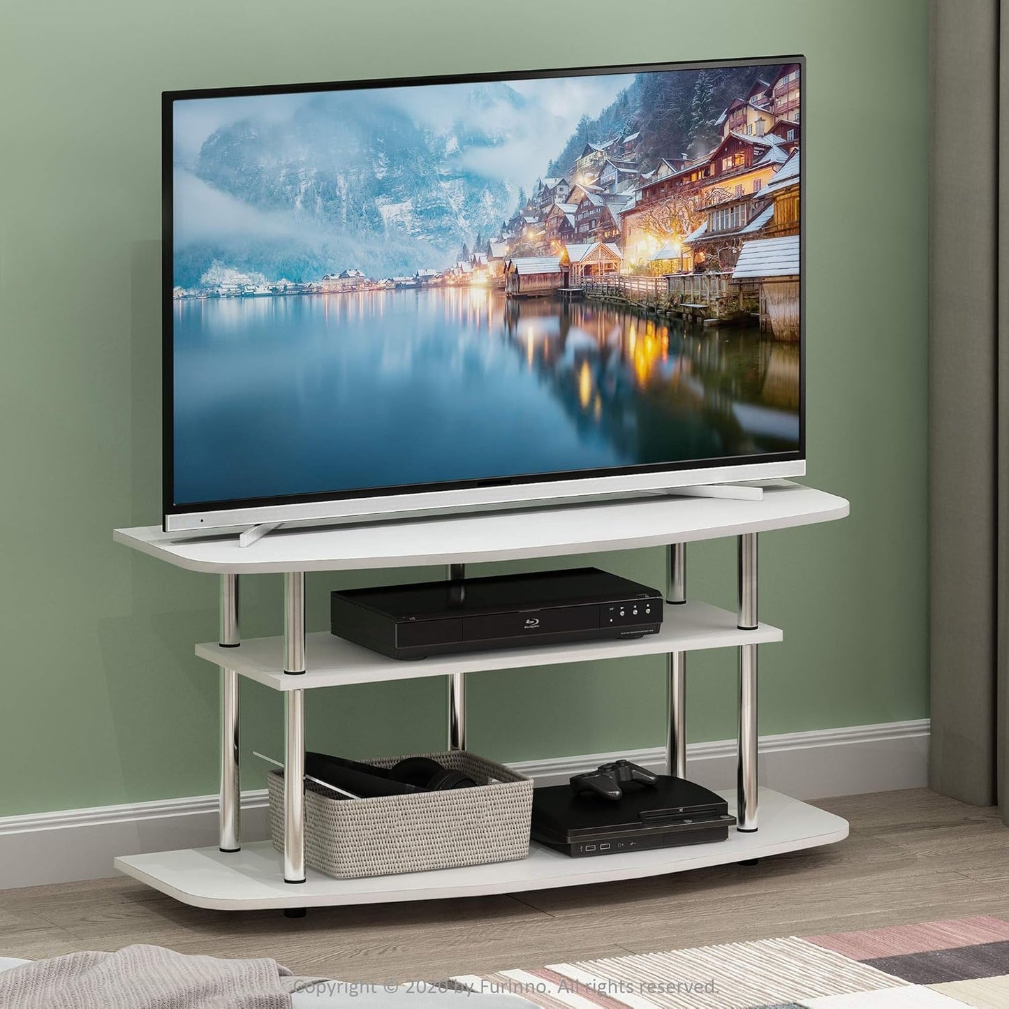 Furinno Frans Turn-N-Tube TV Stand for TV Size up to 43 Inch, 3-Tier, White Oak