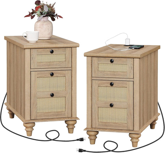 WAMPAT Set of 2 Rattan End Tables with Charging Station, Tall Side Tables Nightstand with Drawer & Storage Cabinet, Light Wood Bedside Table for Bedroom & Living Room, Burlywood