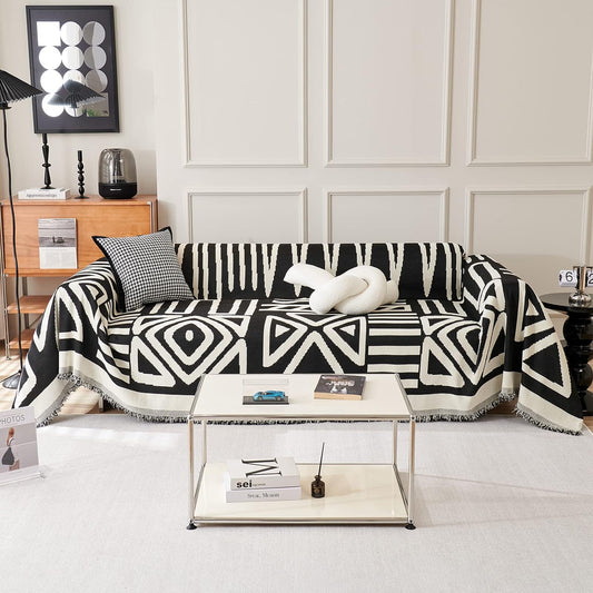STACYPIK Boho Black Beige Couch Cover Wrinkle Resistant Sofa Cover for Cat Dog Geometric L Shaped Slipcover for Sectional Multi-Use Pet Protector for 2 Cushion Couch Tassels Recliner Cover-71x118IN