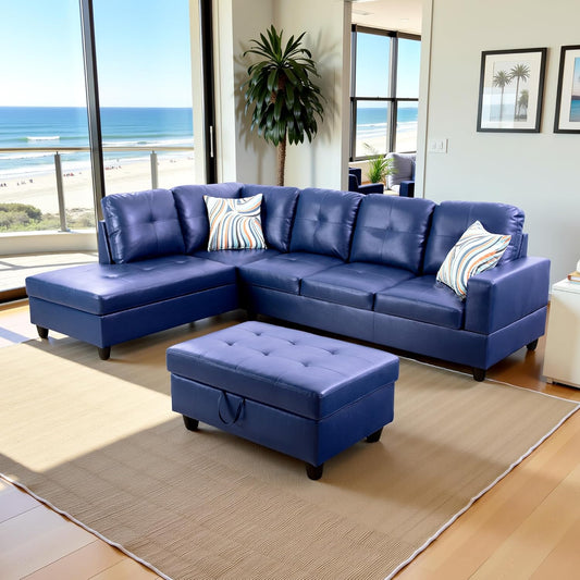 L Shaped Couch PU Leather Sectional Couch Upholstered 3 Pieces Sofas for Living Room with Chaise, Storage Ottoman for Office and Small Apartment, Blue