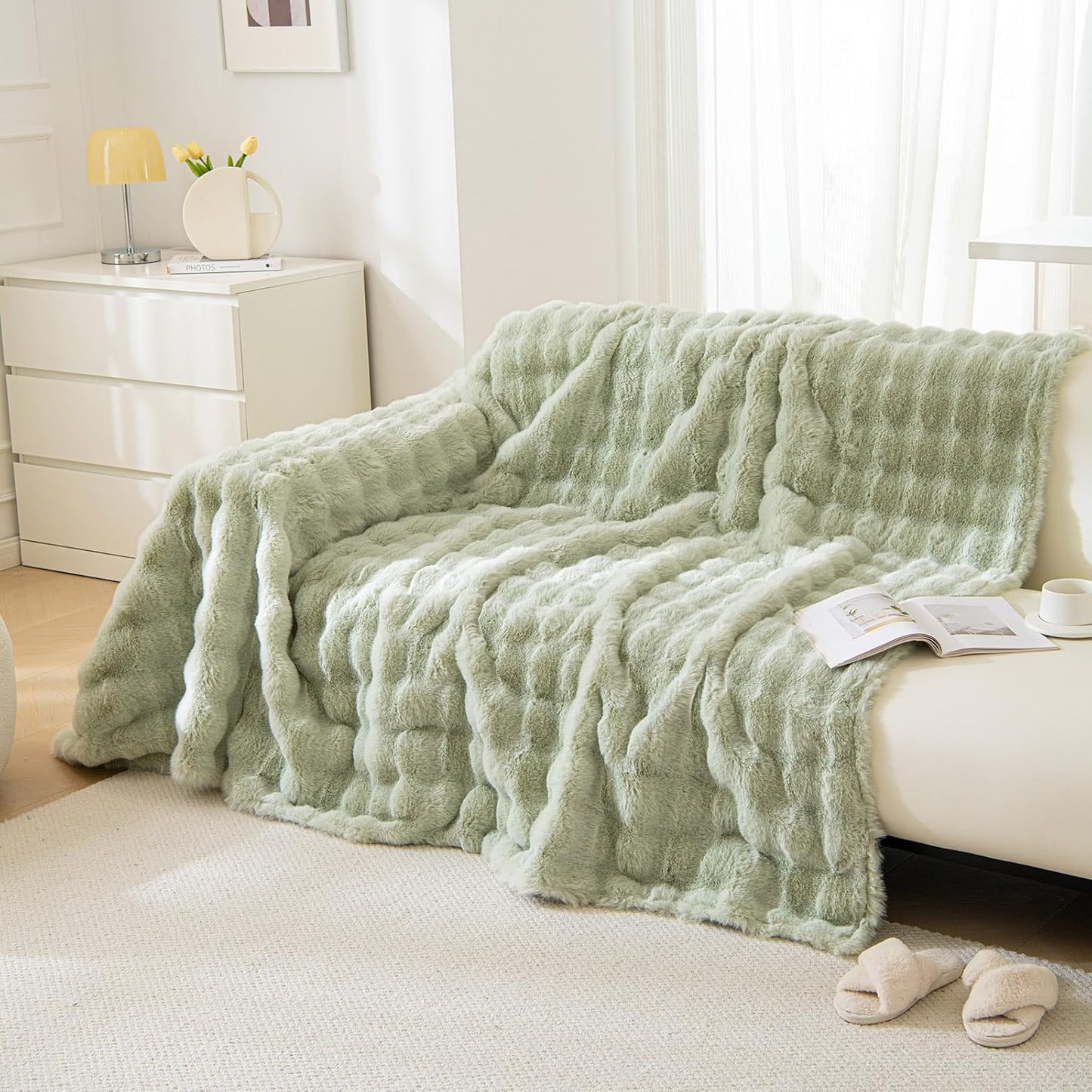 VM VOUGEMARKET Thick Faux Rabbit Fur Couch Cover 1-Piece Non-Slip Warm Soft Cozy Sofa Covers,Fluffy Plush Sofa Slipcover Furniture Protector for Kids,Pets(Green,71" x 118")