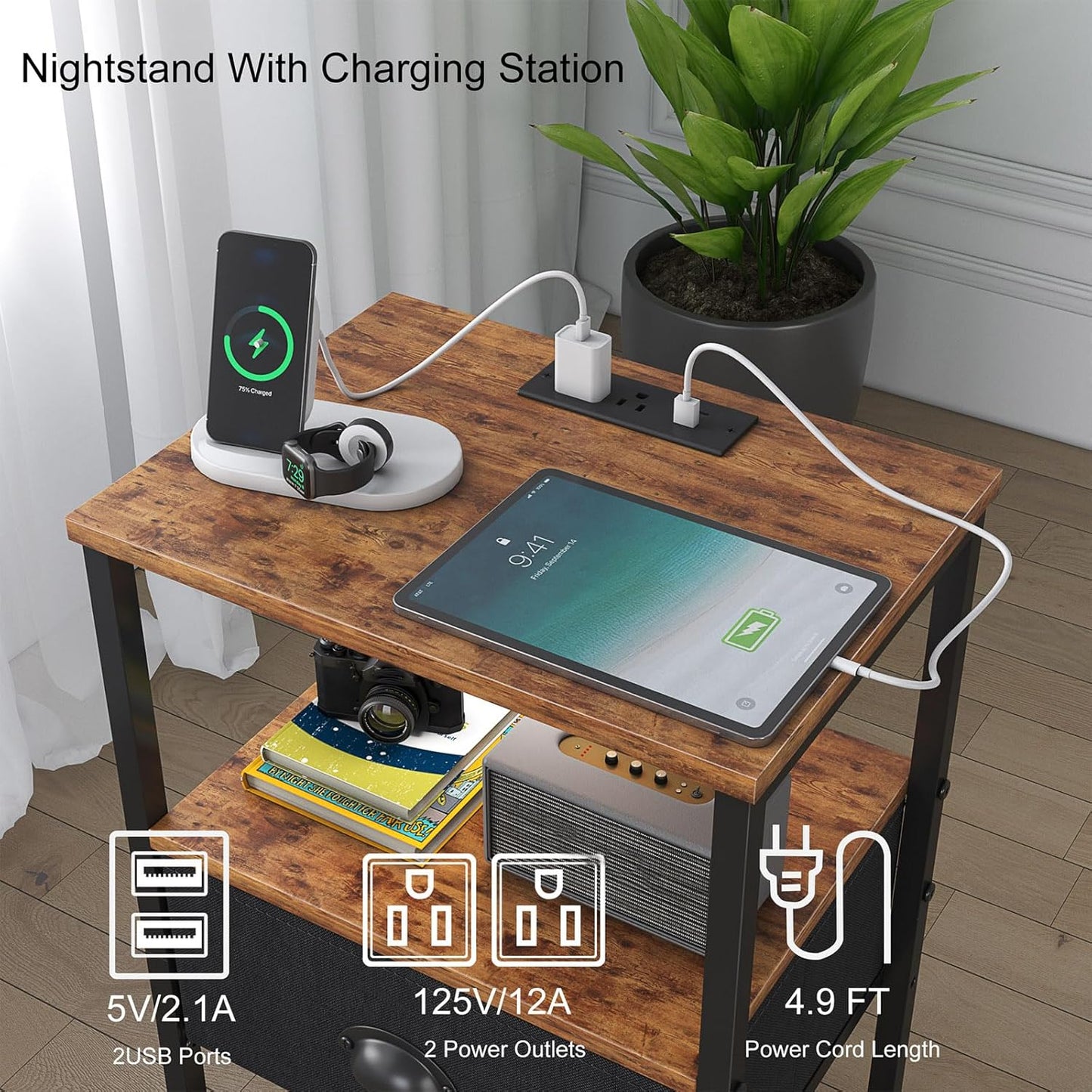 Sthmec Nightstands with Charging Station, LED Bedside Tables with Charging Station and Fabric Drawer, Night Stand with Storage, 3 Tier Side Table with Open Shelf,Nightstand Bedside Table,Rustic Brown