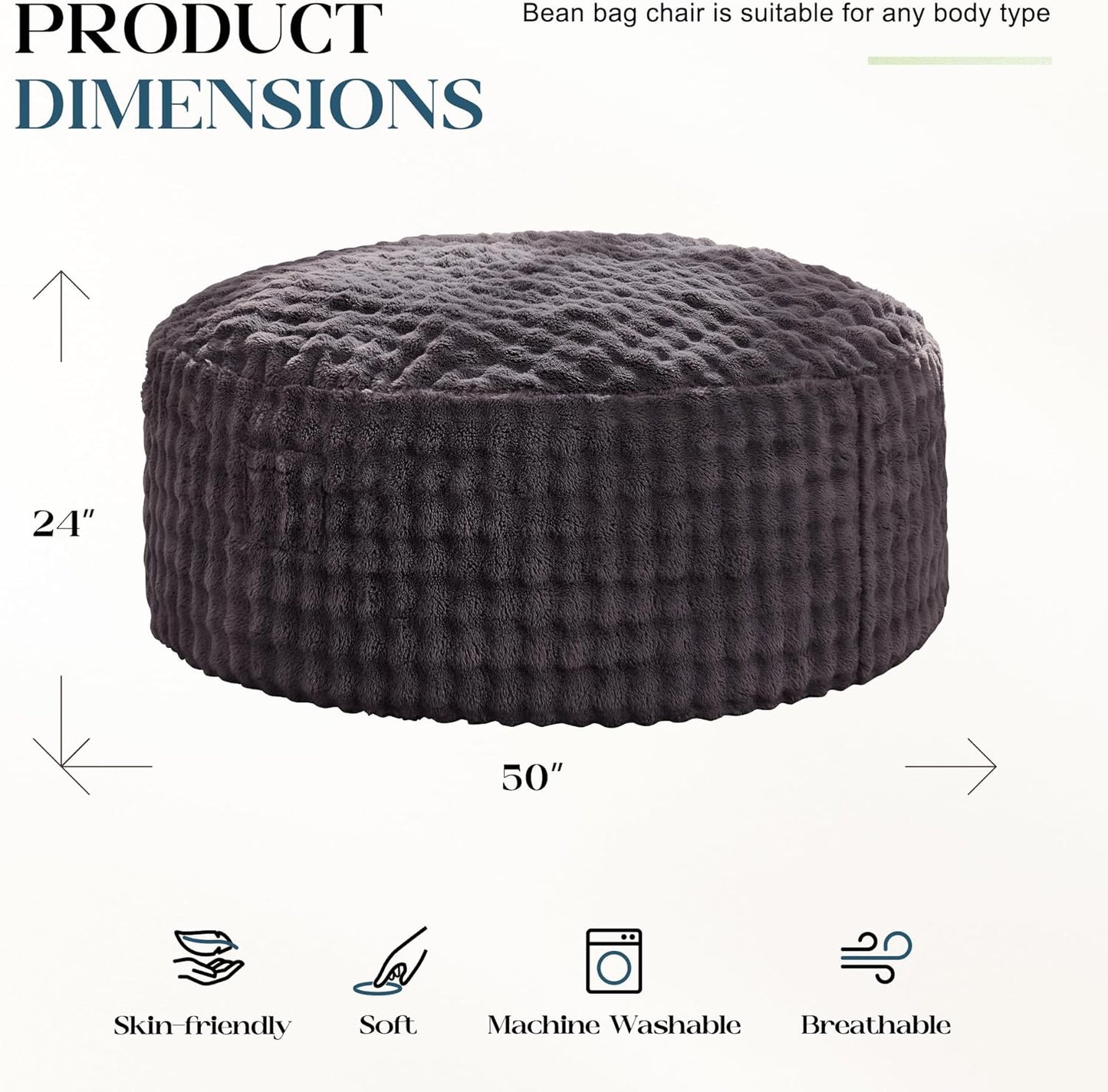 Hobestluk Bean Bag Chairs 5ft Beanbag Chair with Filler Adult Bean Bags with Fluffy & Machine Washable Cover, Giant Bean Bag Chairs for Adults (Dark Grey, 5FT-50" x 50" x 24")