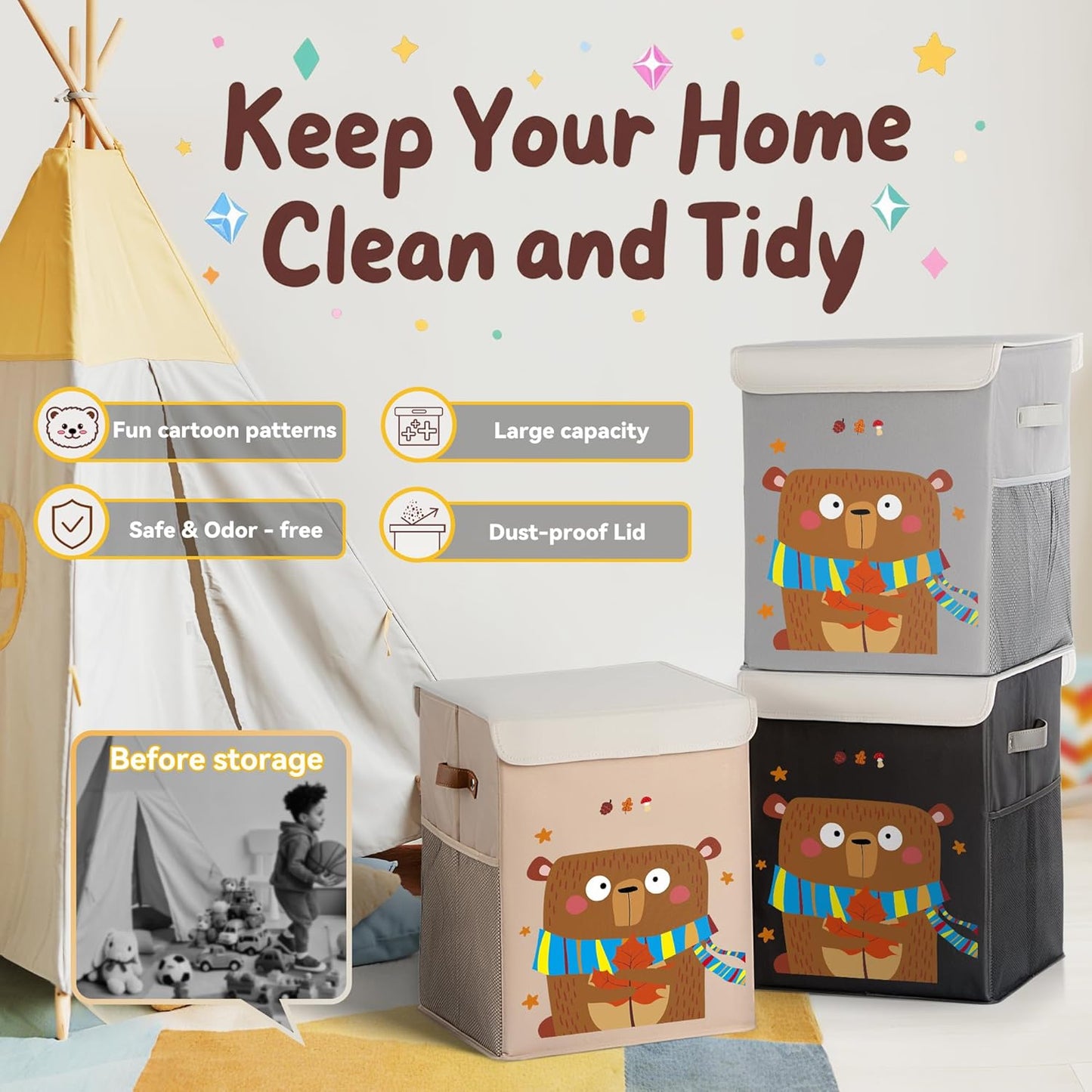 40L Large Toy Storage Box with Lid, Large Toy Box Chest for Kids, Girls and Boys, Nursery Room and Living Room, 13"x13" x16" (Dark Khaki-bear)