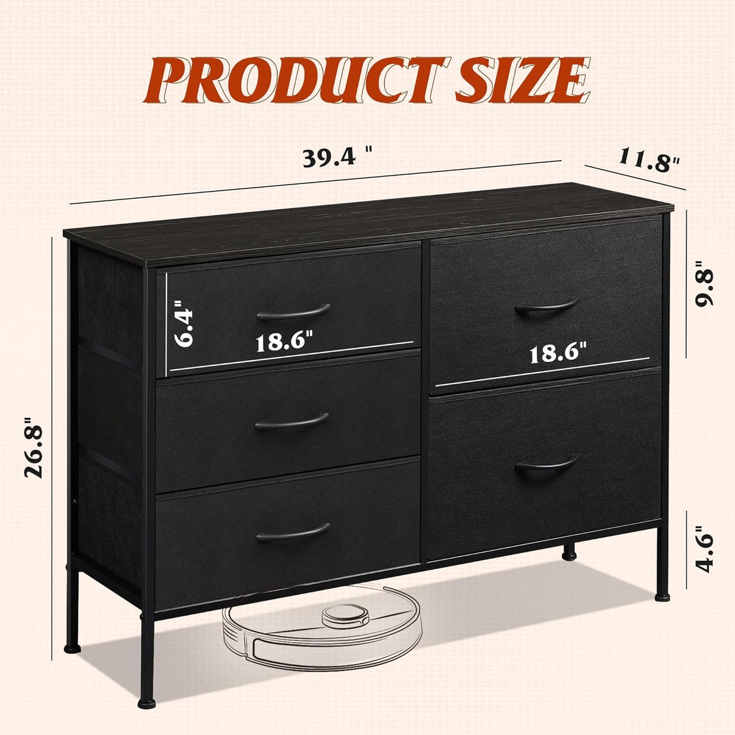 WLIVE Dresser for Bedroom with 5 Drawers, Wide Bedroom Dressers with Drawer Organizers, Chest of Drawers, Fabric Dresser for Living Room, Closet, Hallway, Charcoal Black