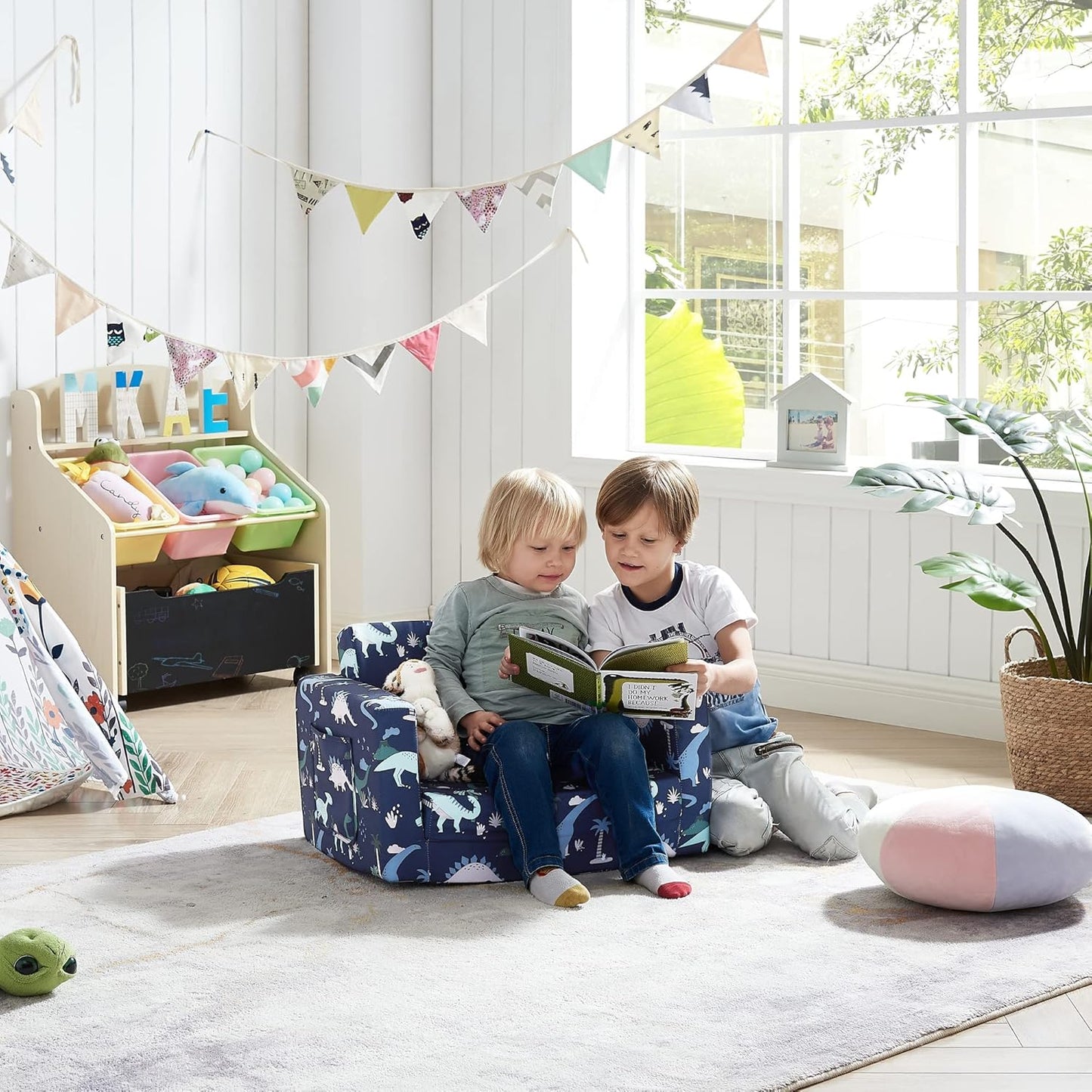 Ulax furniture Kids Sofa Chair for Reading, 2-in-1 Sofa Toddler Fold Out Couch, Convertible Sofa to Sleeper Couch (Navy Dinosaur)