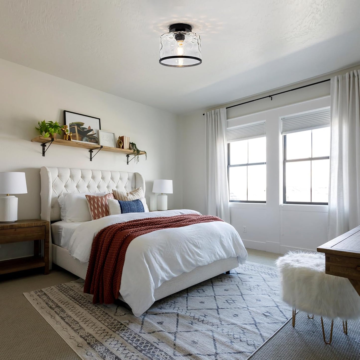 Glass Ceiling Light, Black Semi Flush Mount with Hammered Glass Shade, Farmhouse Light Fixture for Hallway, Bathroom, Entryway, Kitchen,Living Room