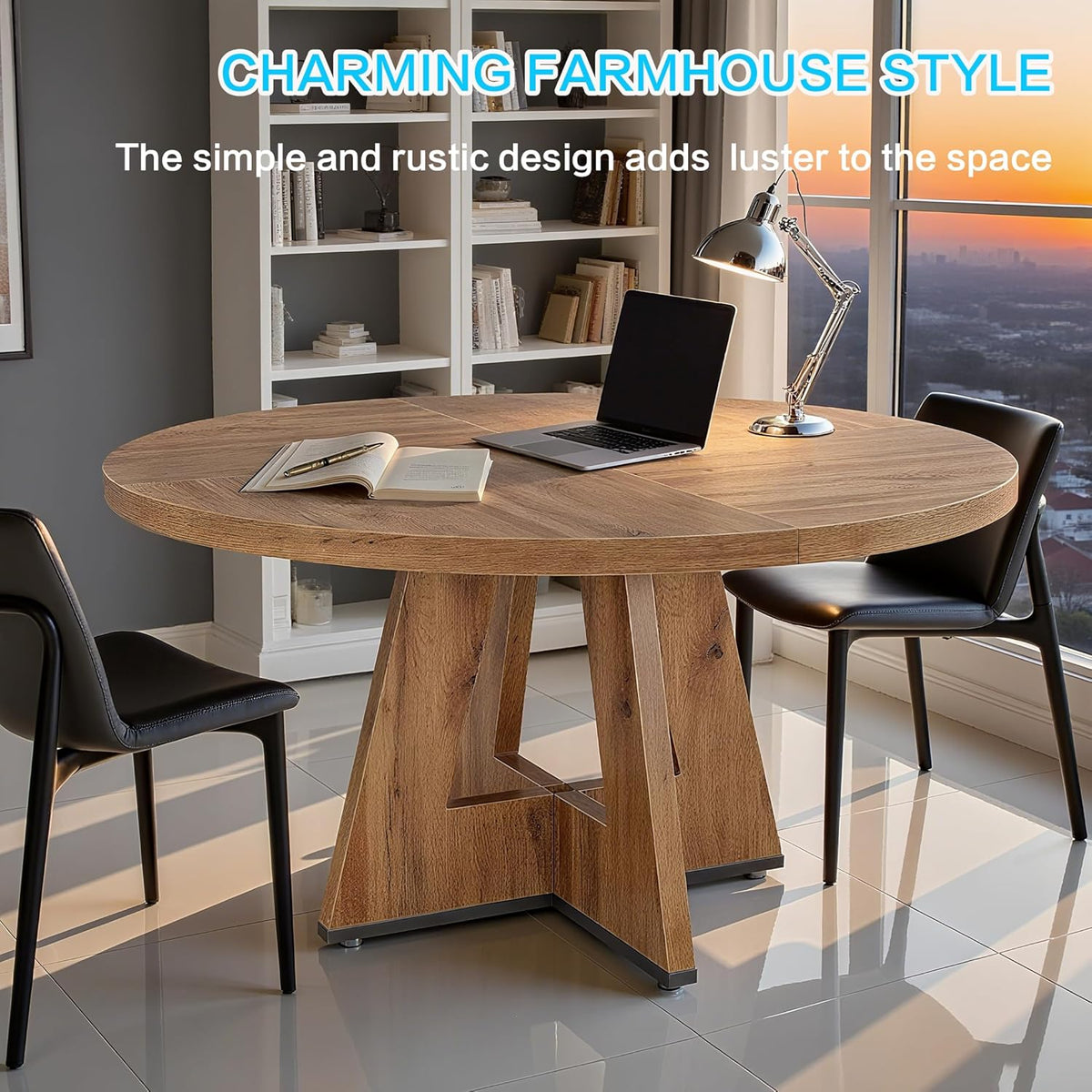 47" Round Dining Table for 4-6, Modern Dinner Table Farmhouse Round Small Kitchen Tables with Wooden Cross Base for Dining Room, Kitchen, Living Room, Retro Brown