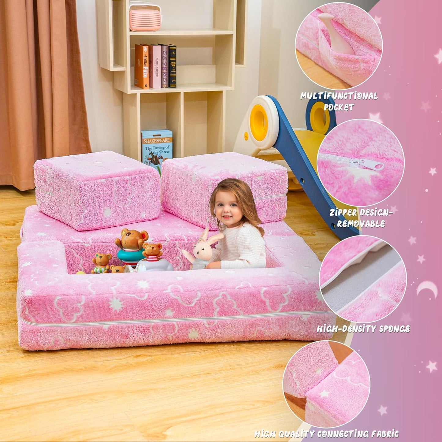 Lamerge Toddler Couch Glow in The Dark Toddler Fold Out Couch for playroom, Convertible Baby Fold Out Play Foam and Floor Cushion for Bedroom (Pink+Clouds)