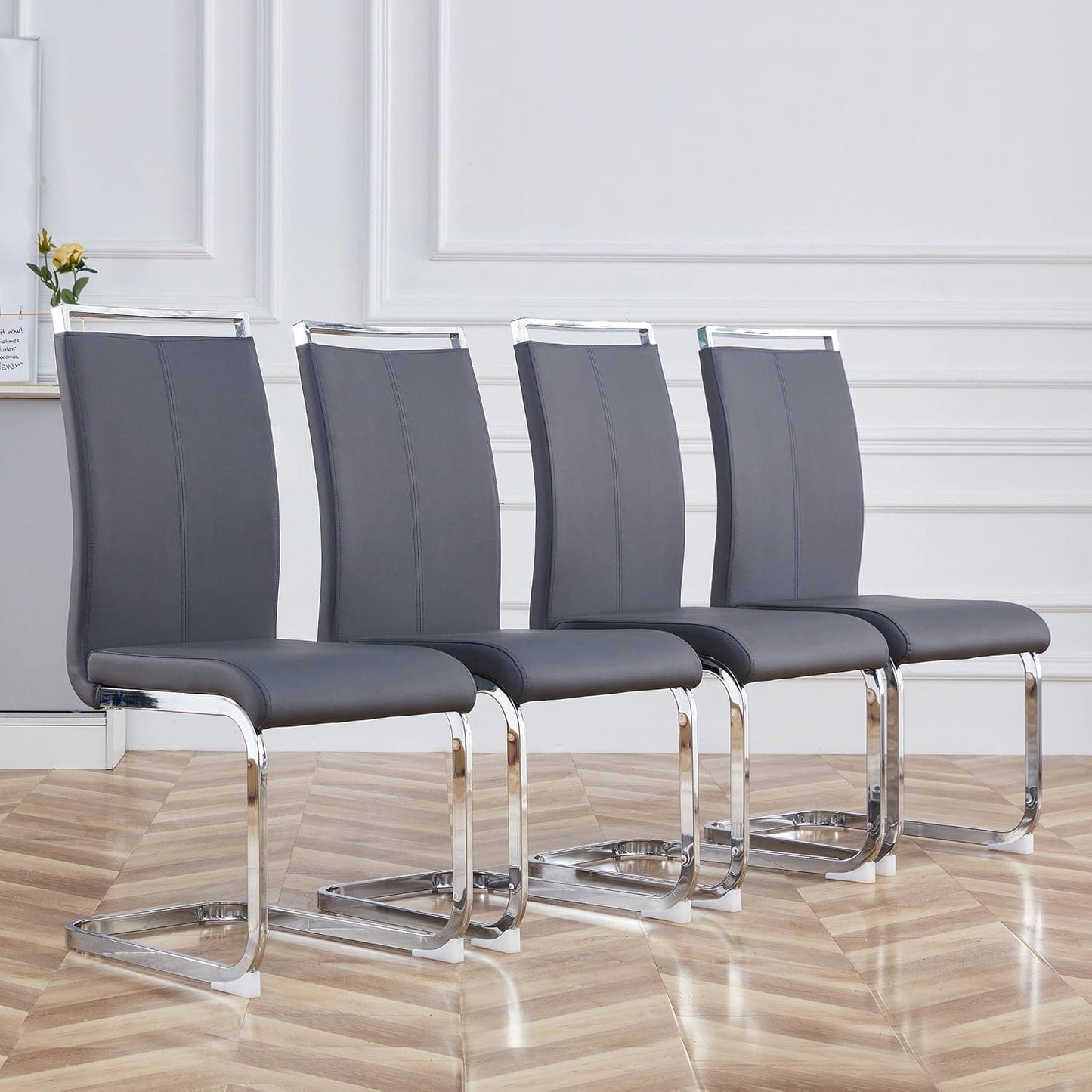 Dining Chairs Set, Kitchen Modern Metal Chairs with Faux Leather Padded Seat High Back and Sturdy Chrome Legs, Chairs for Dining Room (Grey, Set of 4)