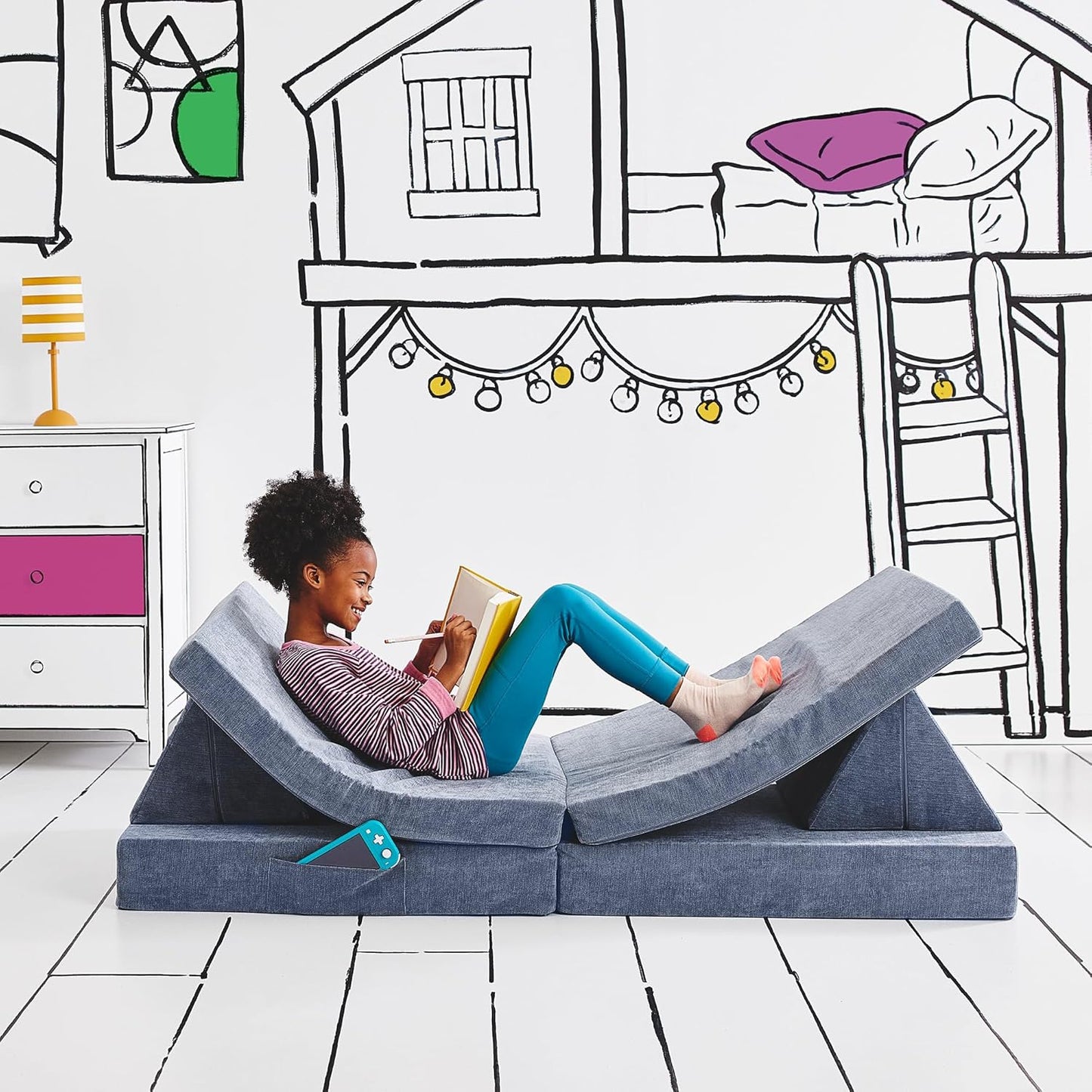 Yourigami Kids and Toddler Play Couch, Convertible Folding Sofa, Durable Foam Modular Design, Blue Lagoon