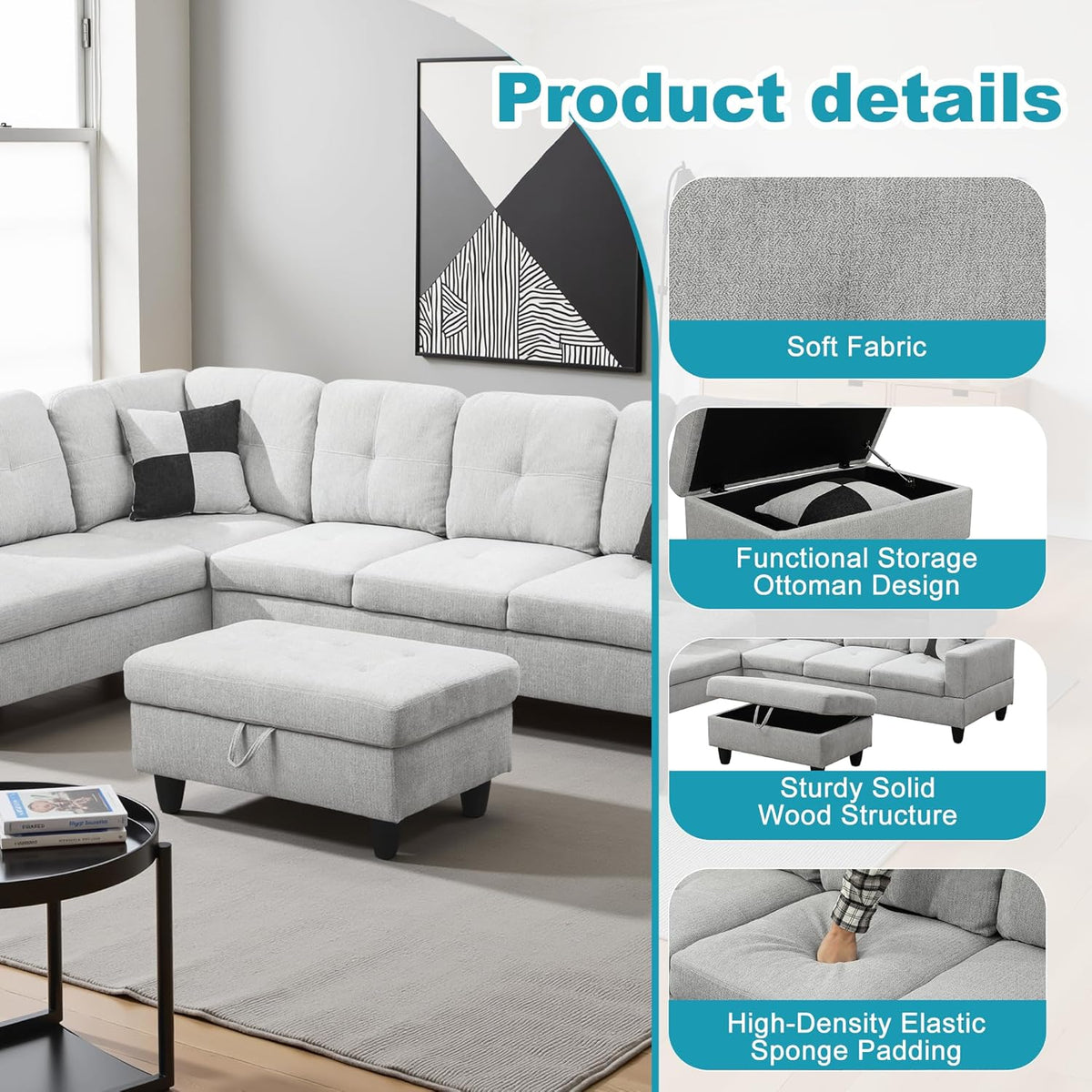 L Shaped Couch Modern Sectional Couch Upholstered Flannel Fabric 3 Pieces Sofas for Living Room with Chaise, Storage Ottoman for Office and Small Apartment, Light Grey