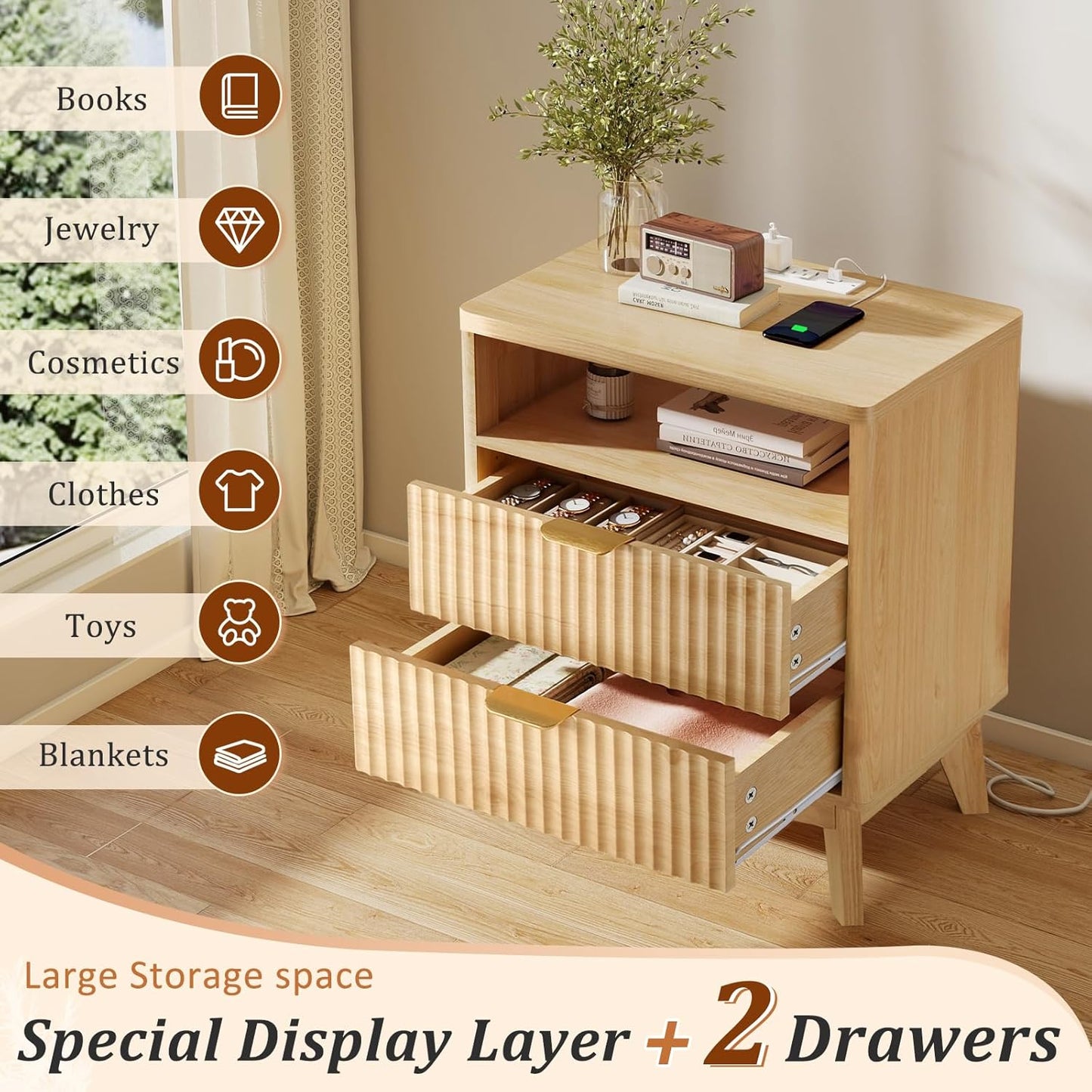 LYNCOHOME Fluted Nightstand Set of 2 with Charging Station, 19.7 inch Wide with 2 Drawers, Modern Wood Bedside Table for Bedroom, Natural
