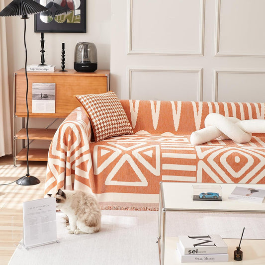 HANDONTIME Orange Sofa Covers for Loveseat & Couch - Soft Chenille, 3 Cushion, Boho Style, Pet-Friendly, Thick & Washable, 91" X150