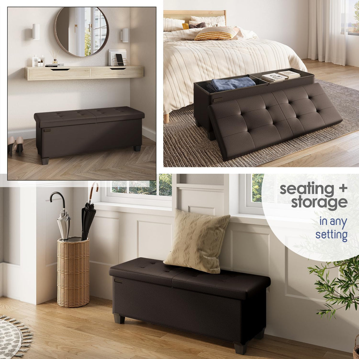 STORAGEBUD Storage Ottoman Bench with Bins, 43-in Storage Bench for Bedroom End of Bed, Folding Foot Rest Ottoman for Living Room Max 660lbs, Faux Leather Ottomans, Brown